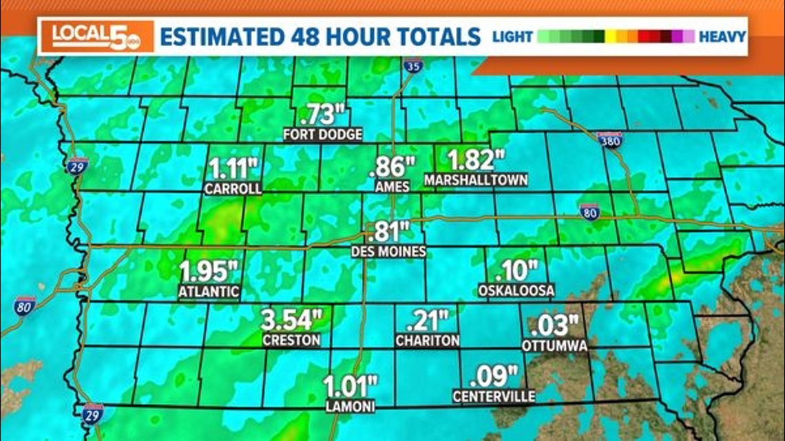 Rain totals in central Iowa Audubon, Creston, Des Moines, Ankeny