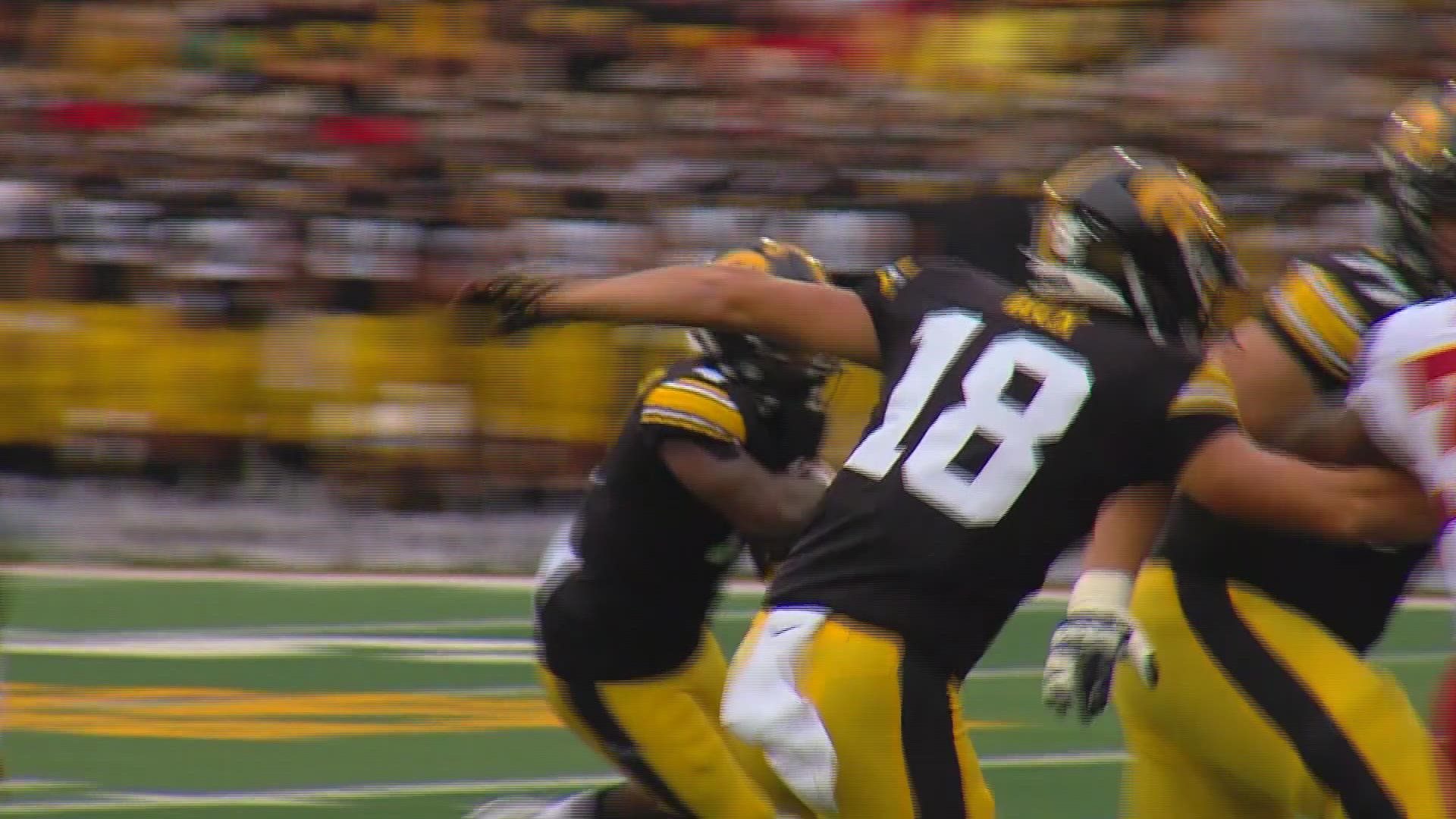 After a blocked punt by Lukas Van Ness, Iowa capitalizes on it with a 9-yard touchdown run by Leshon Williams.