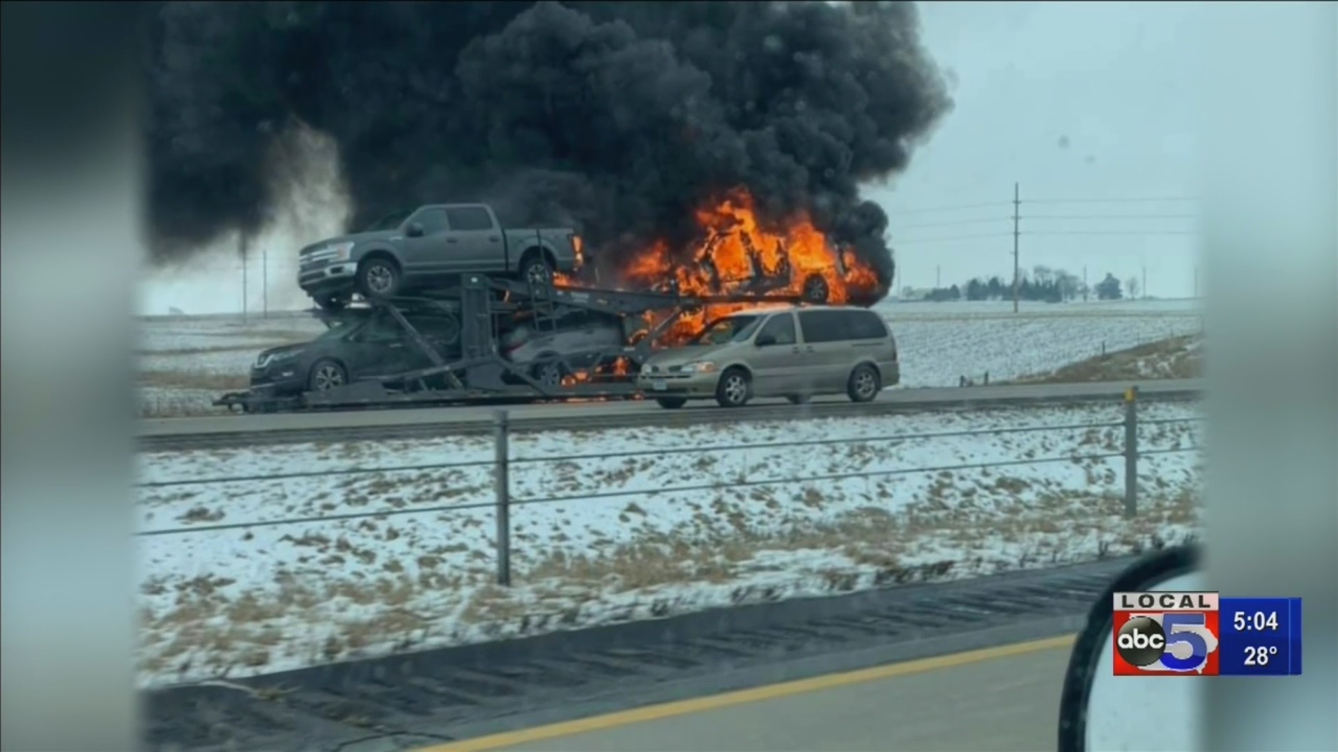 Semi tractor-trailer catches on fire, causes delays on I-35