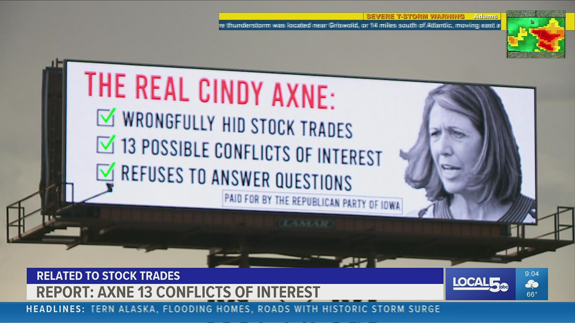 The billboard, paid for by the Republican Party of Iowa, references a recent report by the New York Times showing Axne has 13 possible conflicts of interest.