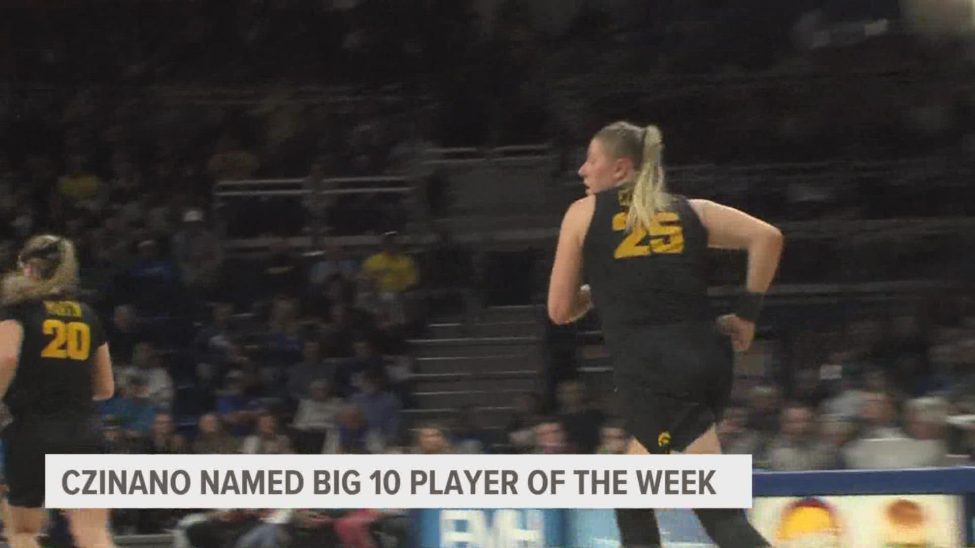 Monika Czinano was named Big 10 Player of the Week after leading all scoring with 36 points in their thrilling over time win over Drake on Sunday.
