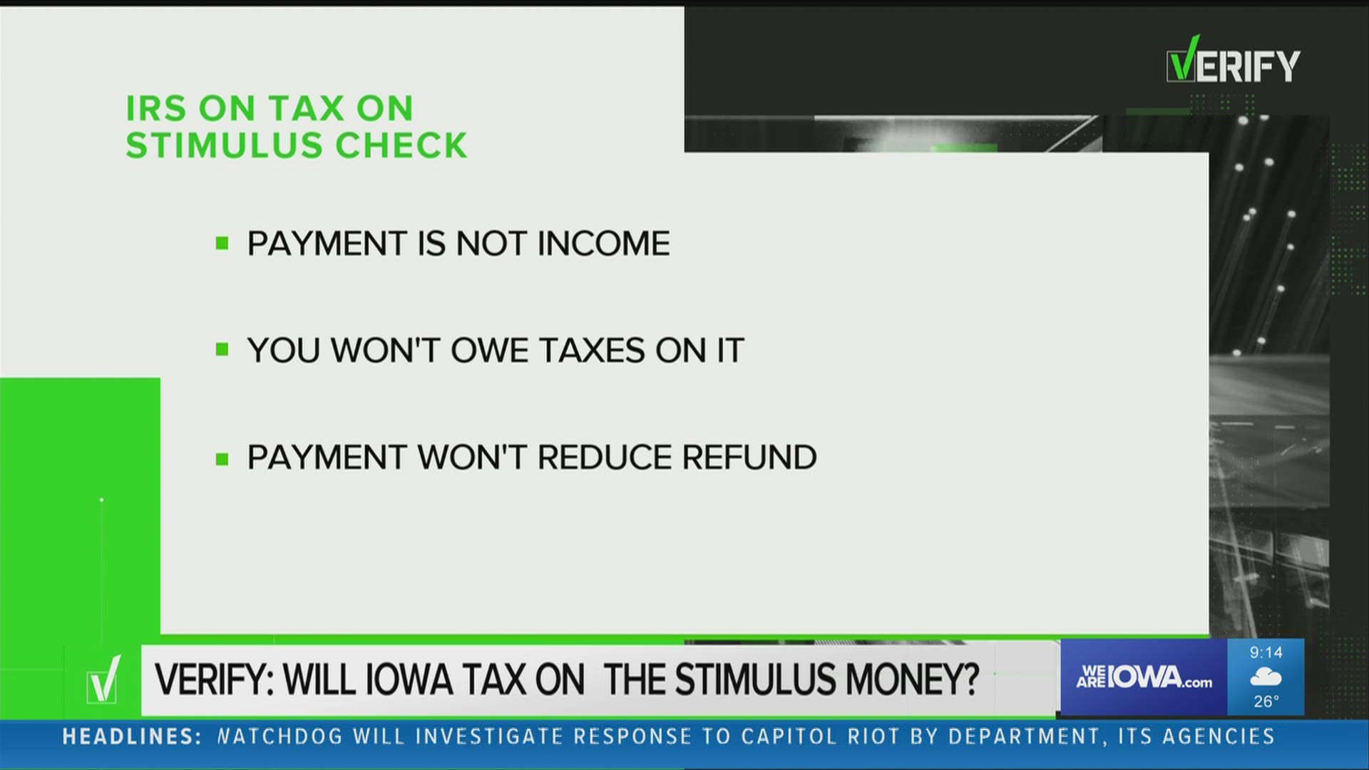 The IRS says that stimulus payments are not income so taxes will not be owed on them