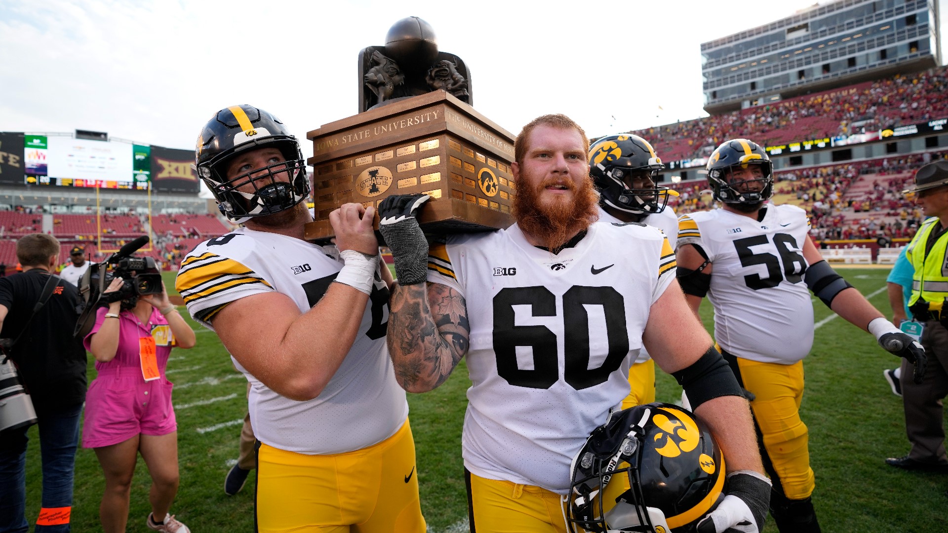 The Cy-Hawk Trophy is returning to Iowa City. Jaziun Patterson rushed for 86 yards for the Hawkeyes, and Sebastian Castro had a pick-six for the Iowa defense.