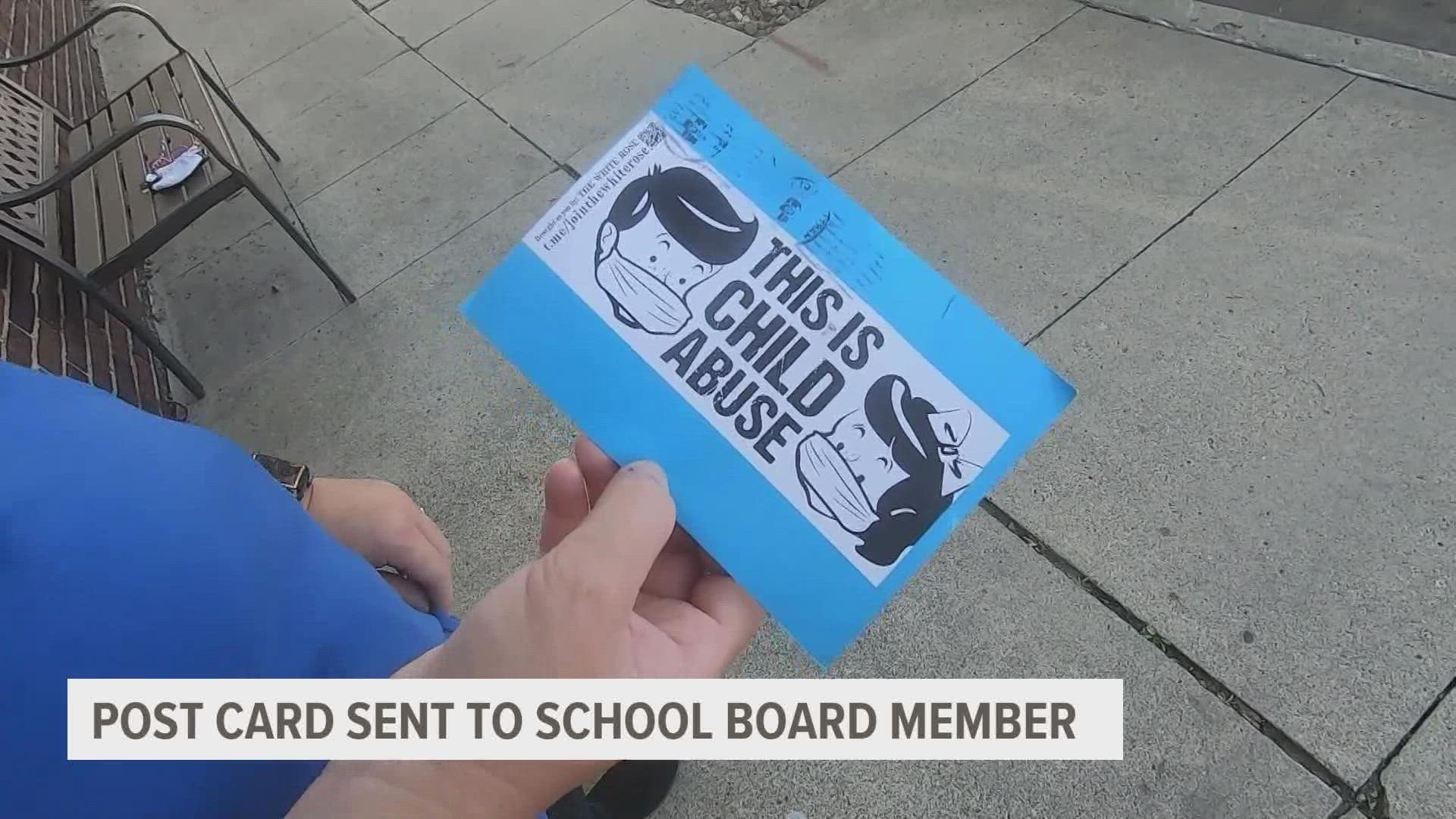 The postcard appeared to be mailed to Ankeny School Board member Amy Tagliareni from Connecticut.