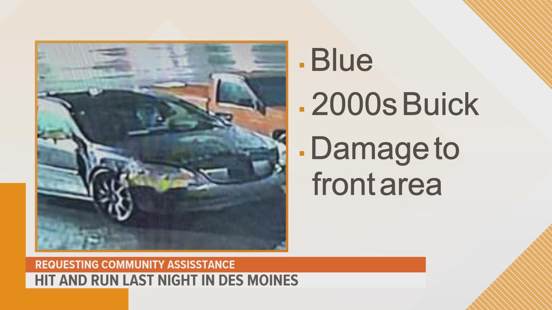 Police say a blue-colored 2000s Buick with damage to the front bumper hit a 57-year-old man in a Des Moines parking lot around 9:30 p.m. Thursday.