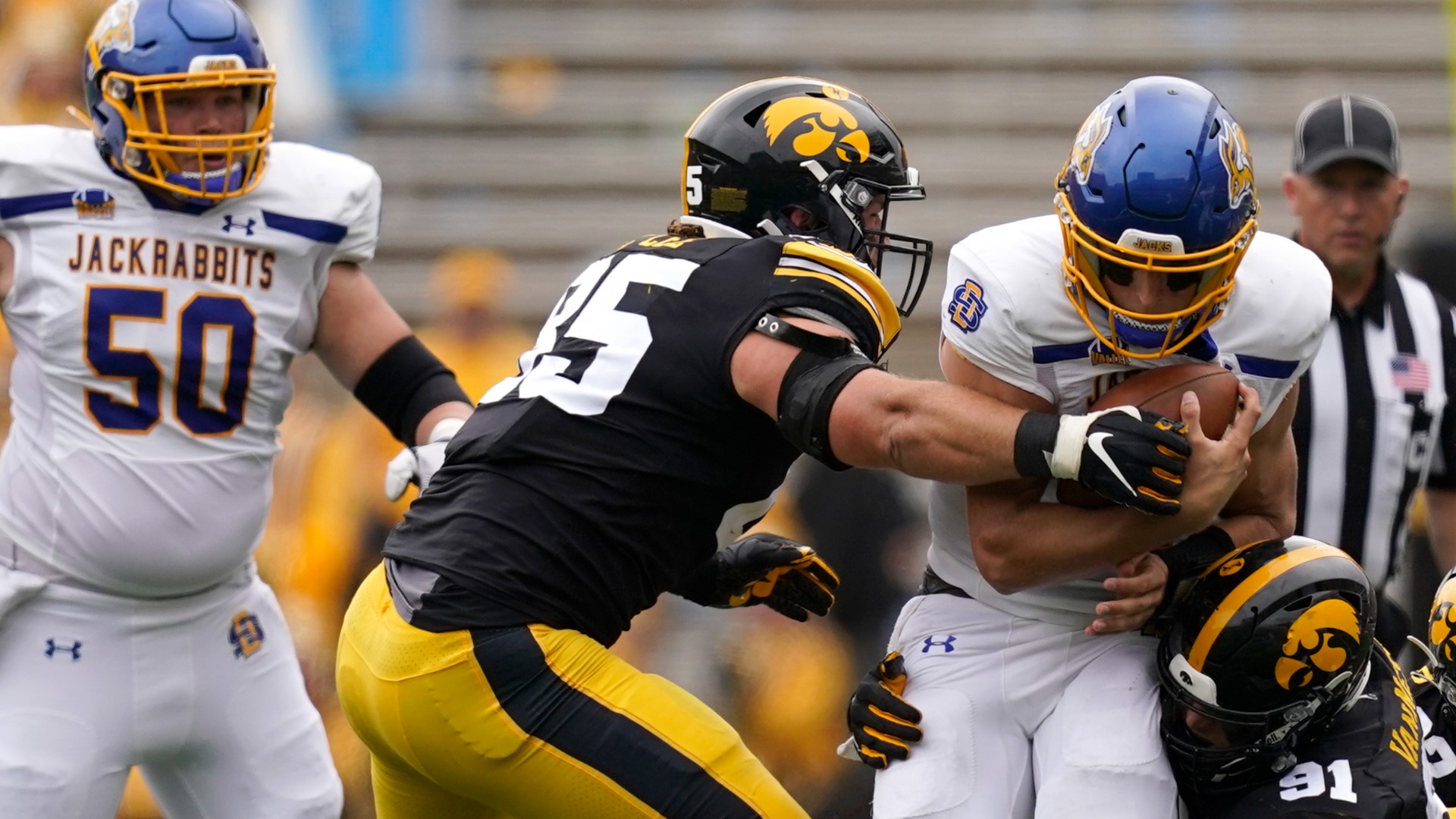 Iowa’s defense came up with two second-half safeties, and the Hawkeyes opened the season with a 7-3 win over South Dakota State on Saturday.