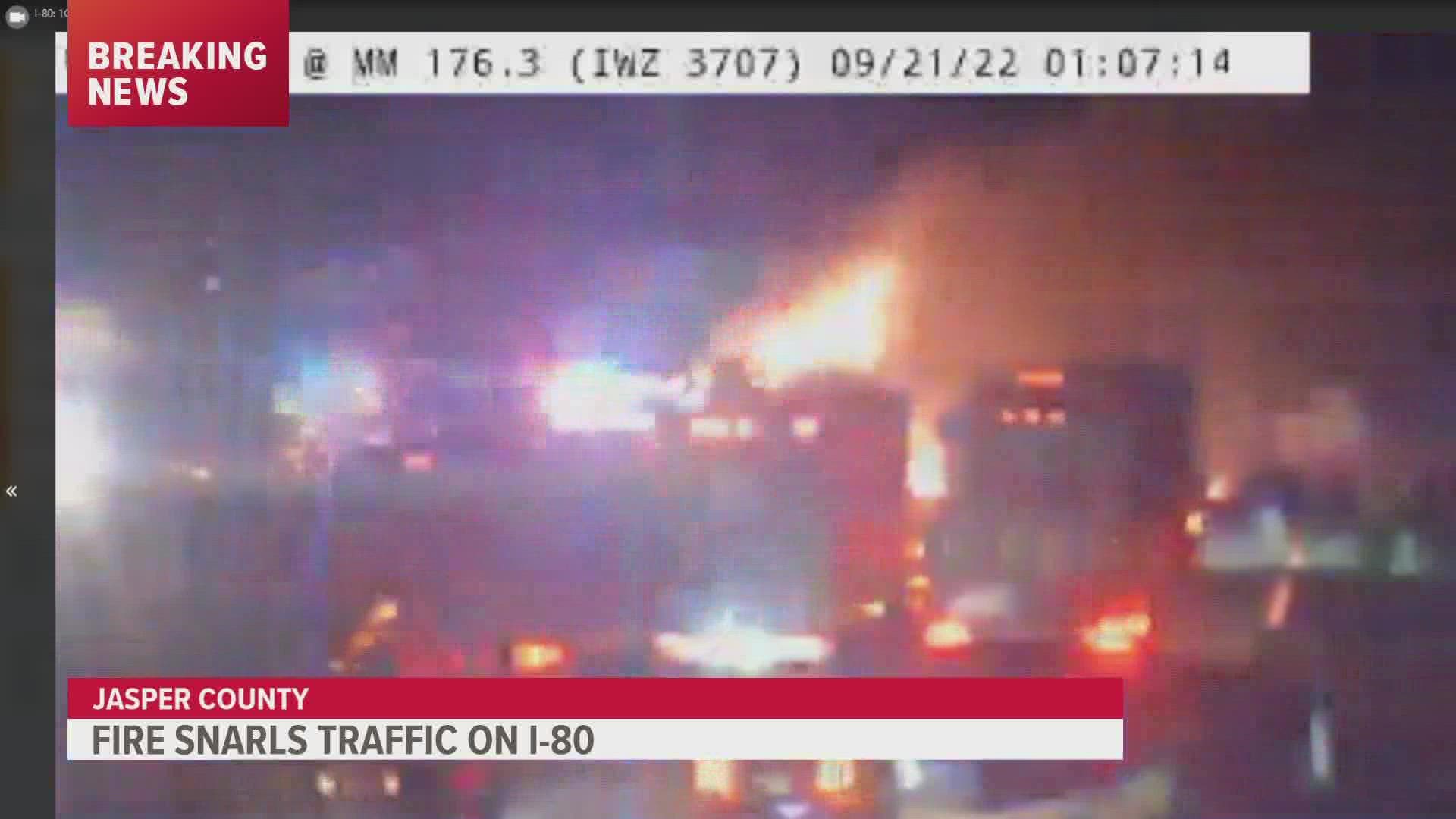 The fire in Jasper County, captured here via the Iowa DOT camera, significantly backed up traffic overnight.