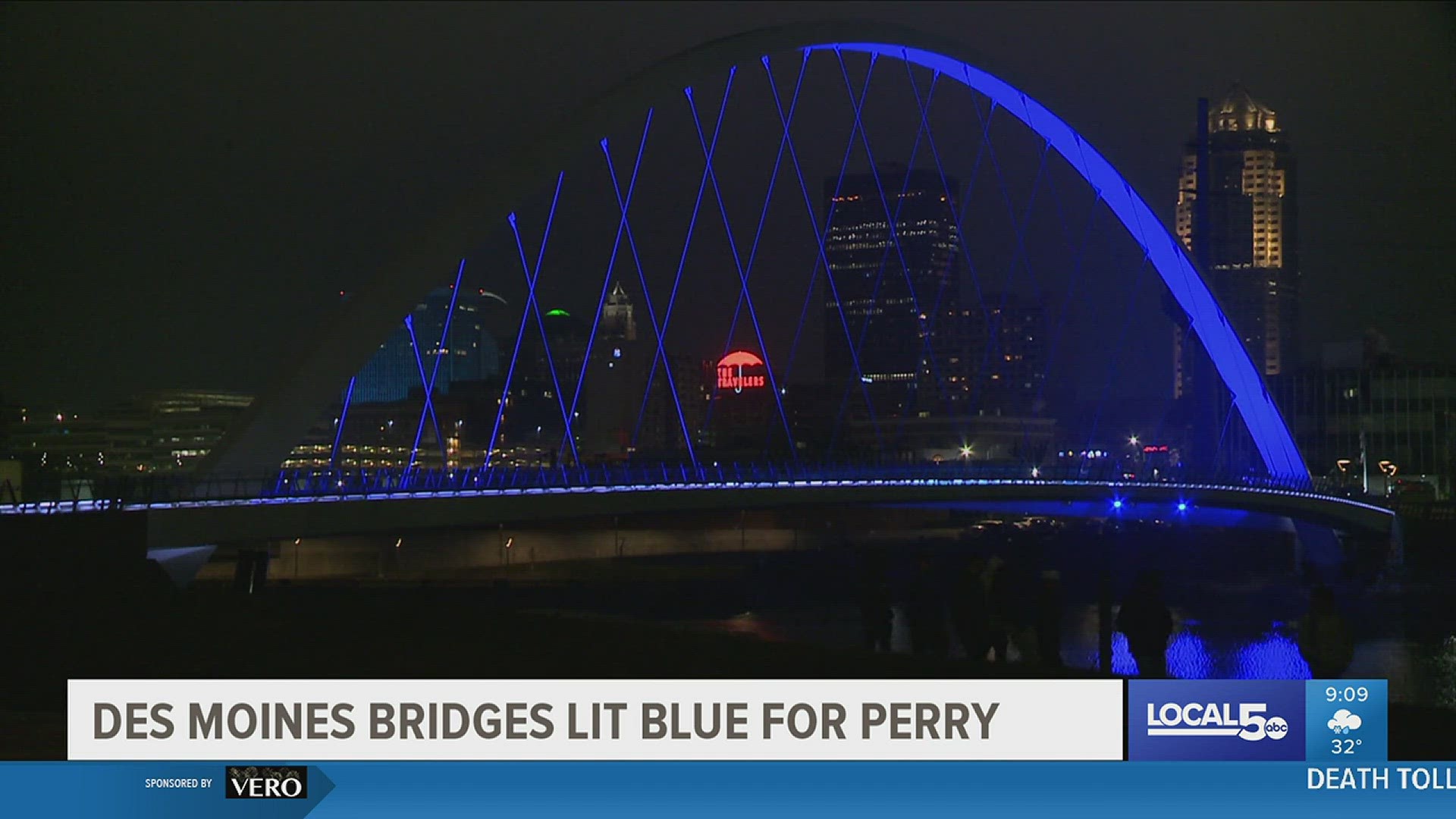 The bridges will remain blue for the next week, and Des Moines mayor Connie Boesen says the display is a symbol of "unity and compassion" for Perry.