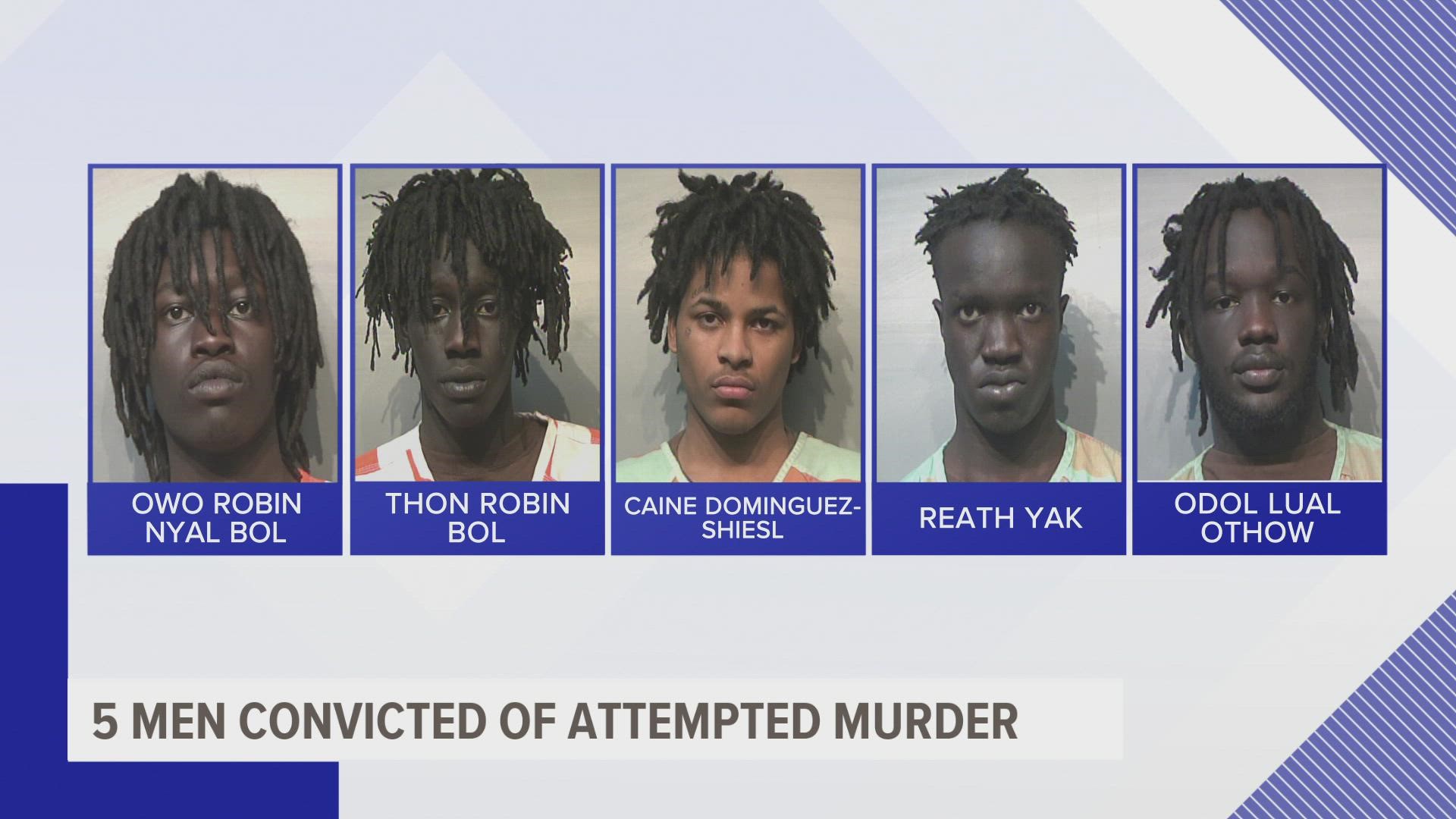 The Polk County Attorney's Office says the five individuals convicted had shot at three children inside a house, hitting a 2-year-old boy in the head.
