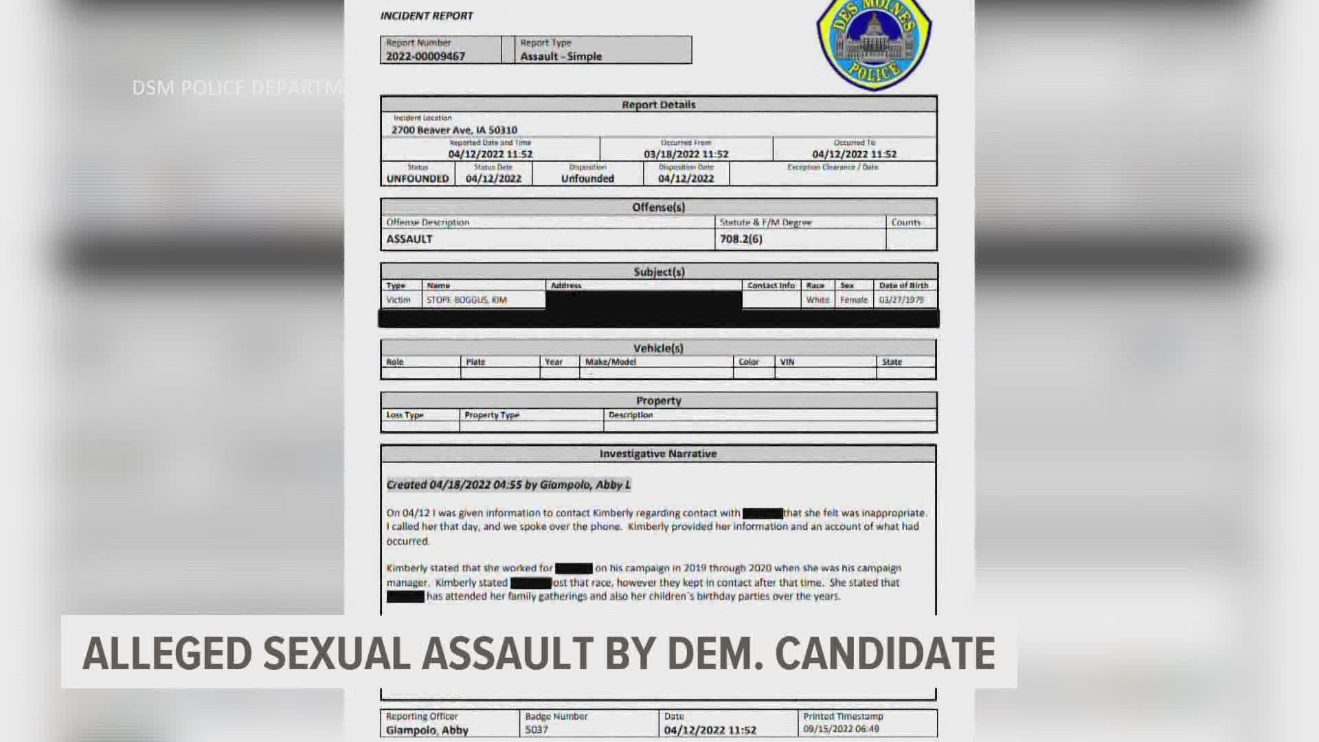 The police report redacted the name of the alleged harasser but references a current Mike Franken staffer. A Franken spokesperson said the allegations "are false."