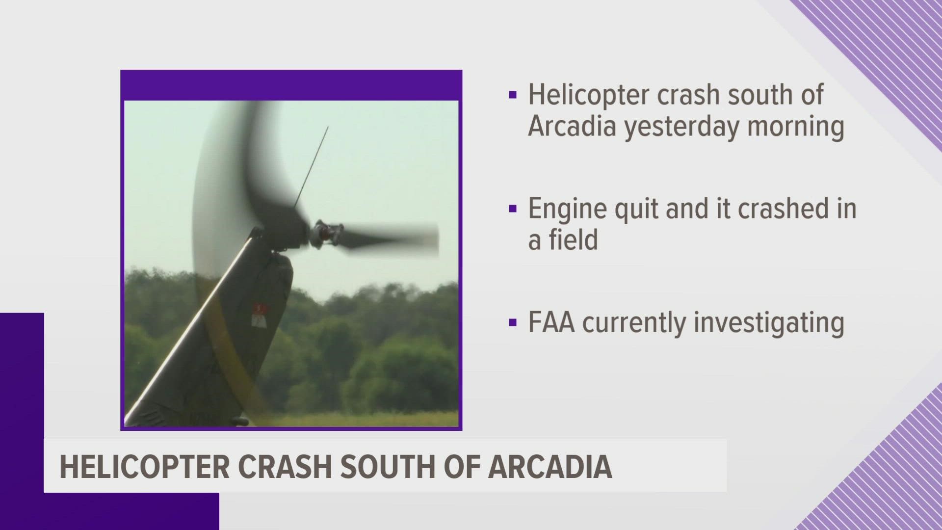 The helicopter was spraying a corn field Monday morning when the engine quit and it crashed. The 78-year-old pilot was able to walk away from the crash to get help.
