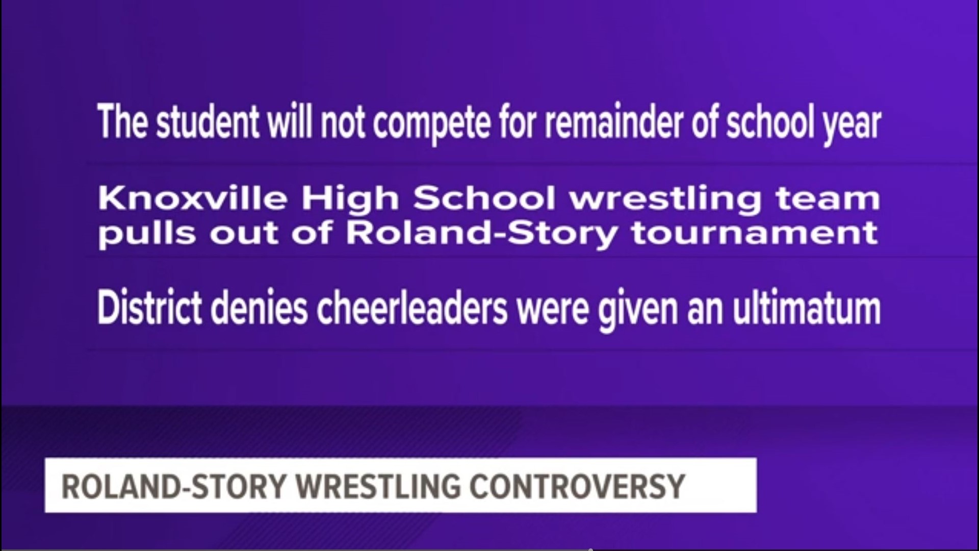 A Roland-Story High School wrestler at the center of an assault case won't compete for the remainder of the school year, according to a statement from the district.