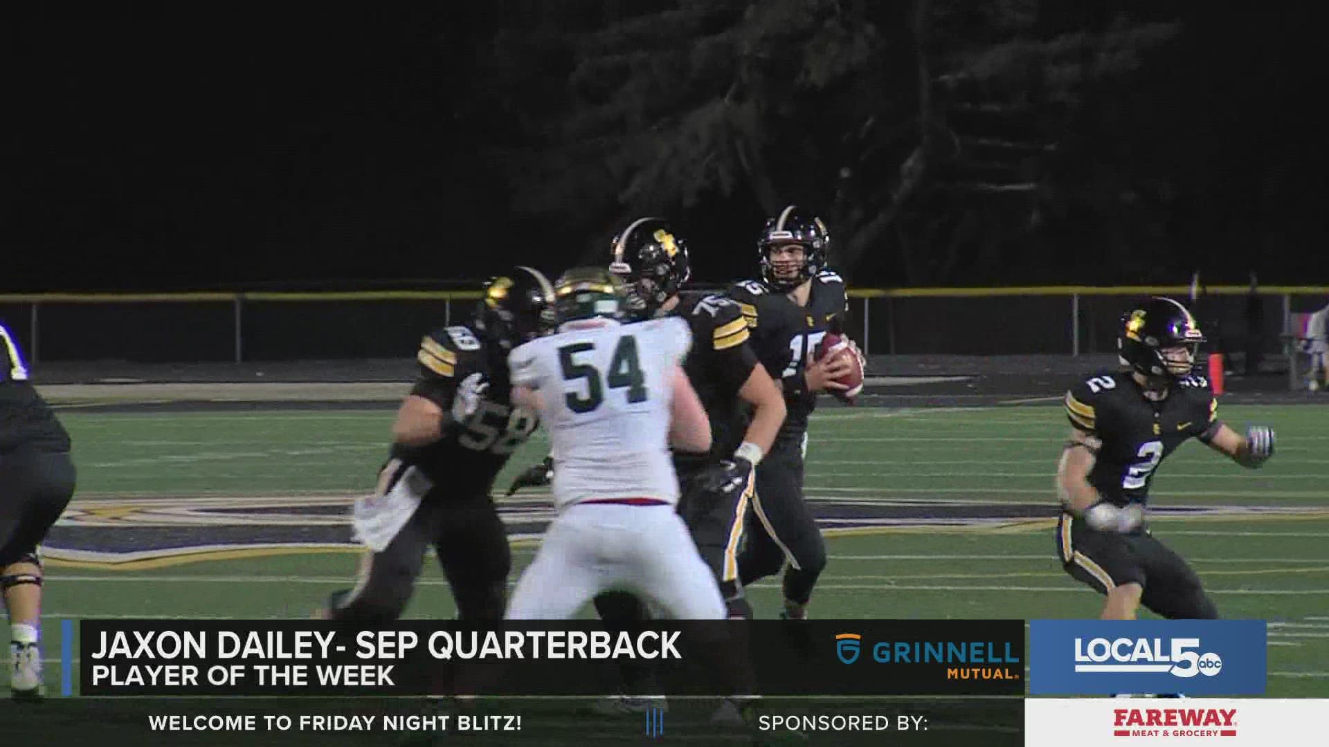 The Rams QB had two rushing touchdowns and two passing touchdowns in a big 48-0 win over Cedar Rapids Kennedy.