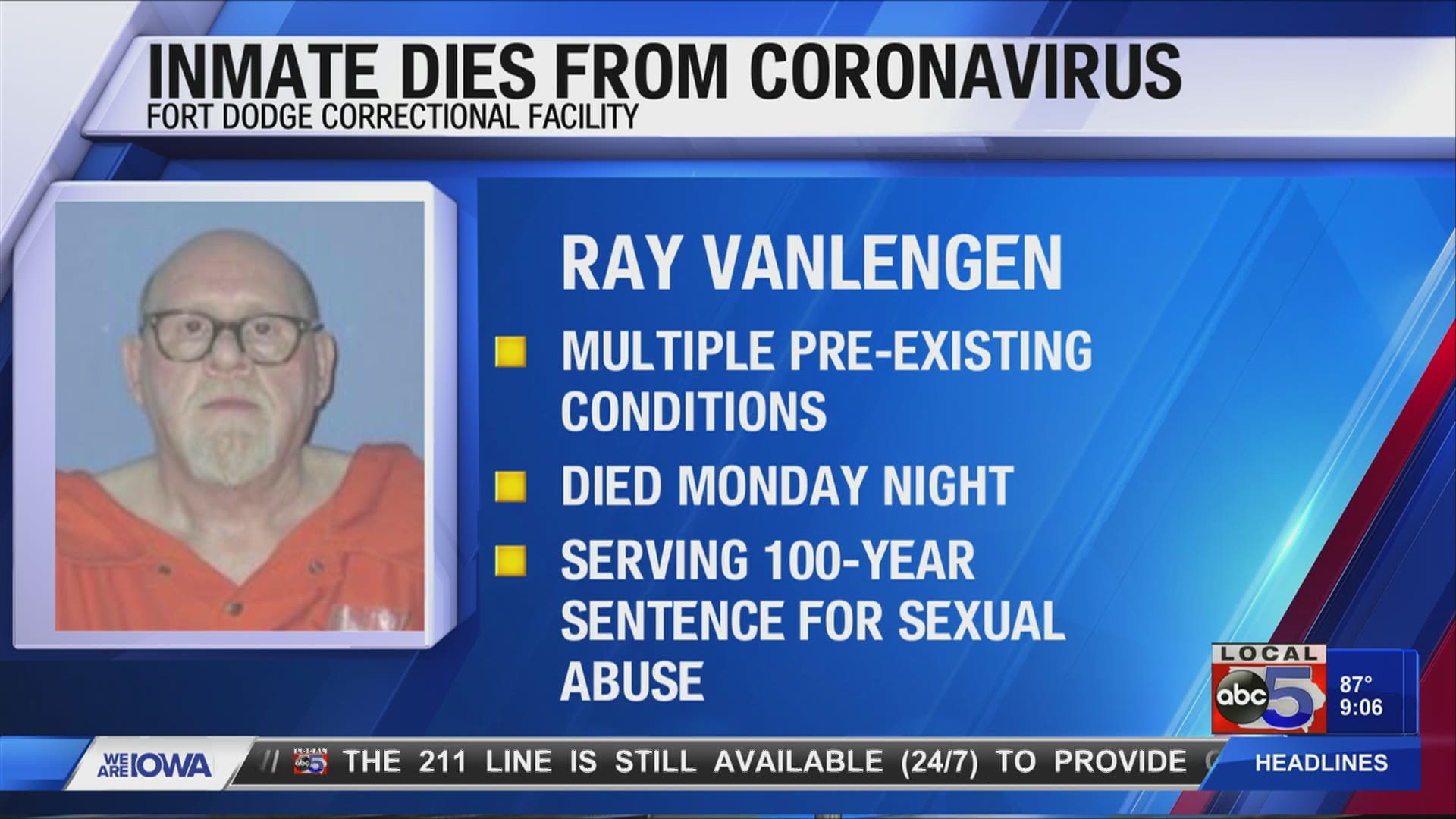 71-year-old Ray Vanlengen had several preexisting health conditions as well, according to the Iowa Department of Corrections.