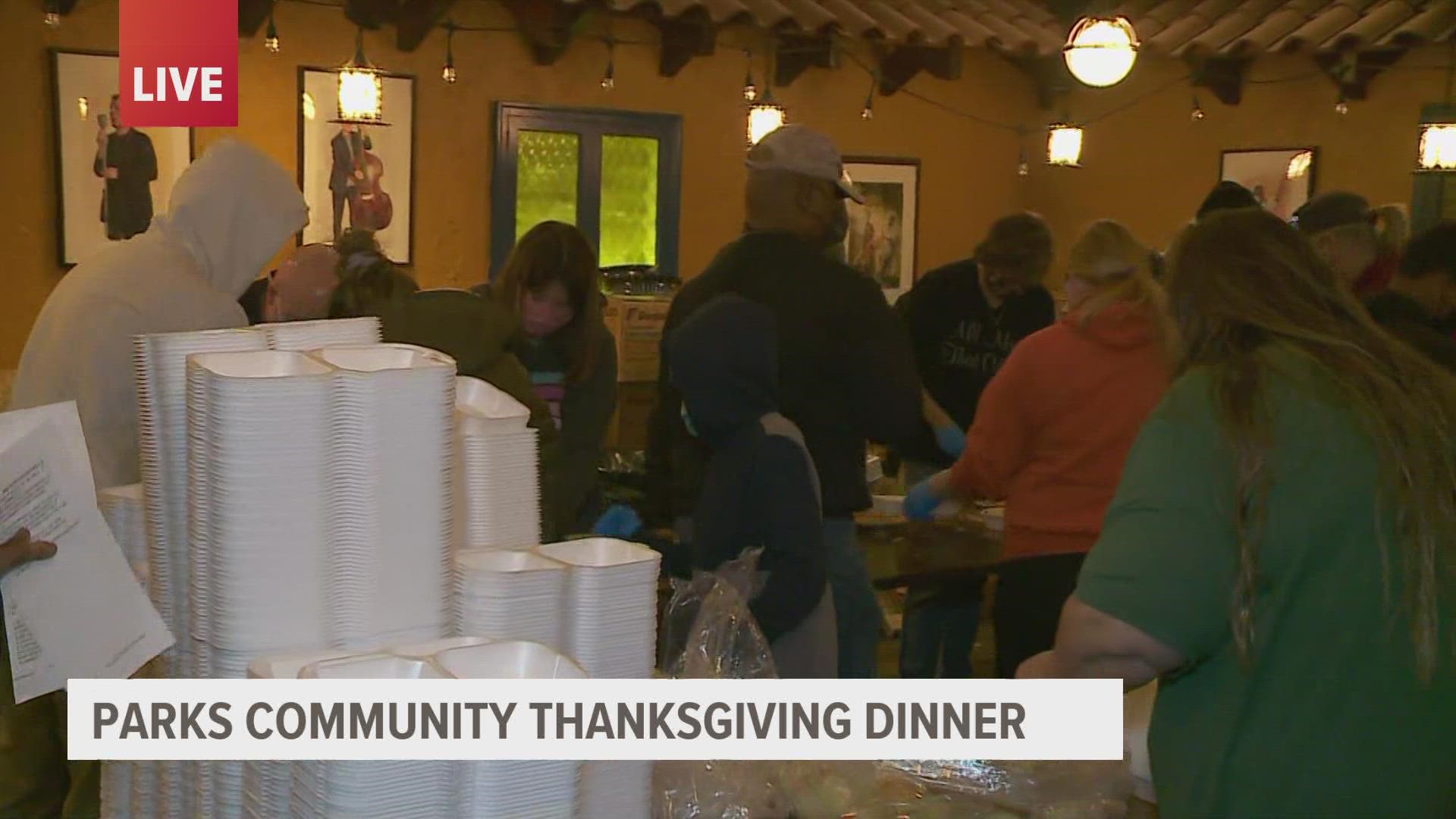 Volunteers were prepping food to serve to about 2,600 people for the Parks Community Thanksgiving Dinner.