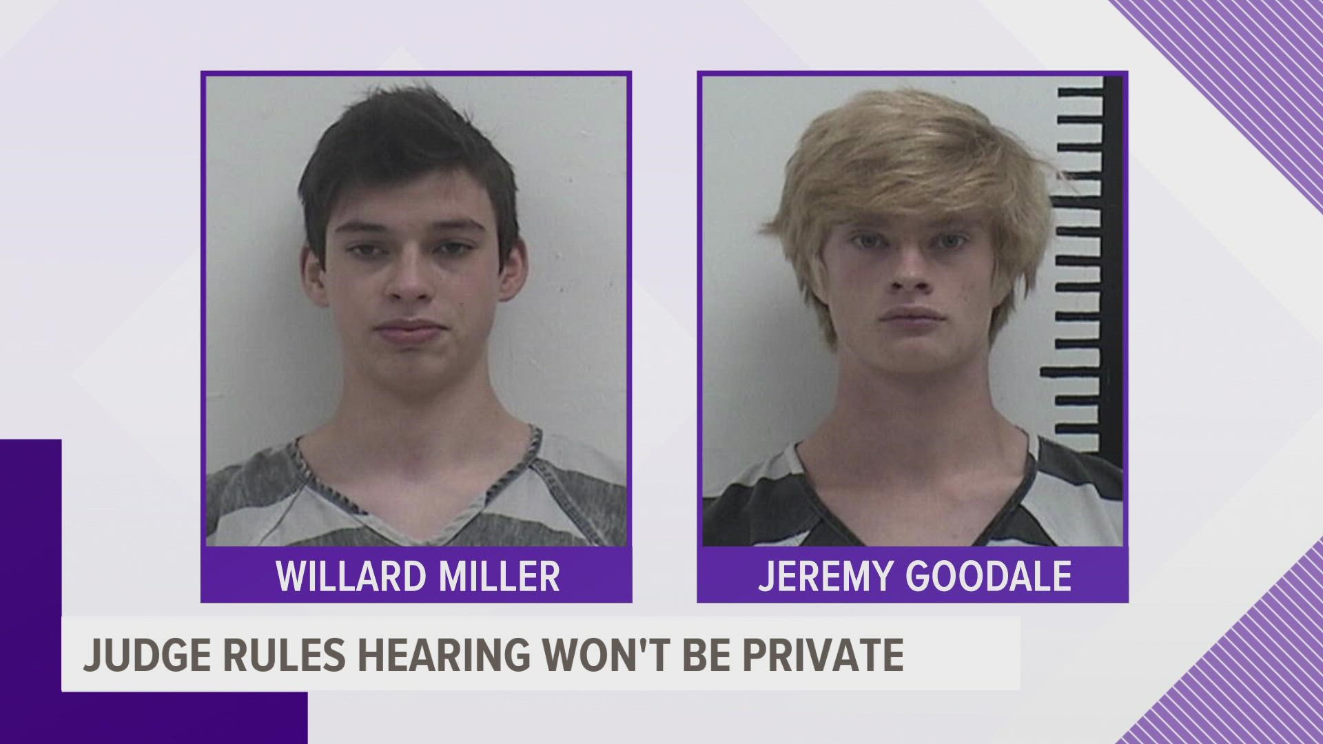 Jeremy Goodale and Willard Miller, both 16 years old, are charged with the murder of their former Spanish teacher, and are to appear in a public hearing on Thursday.
