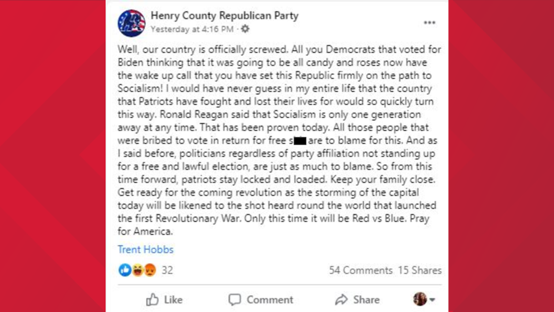 The alarming post from the Henry County Republican Party says, "So from this time forward, patriots stay locked and loaded. Keep your family close."
