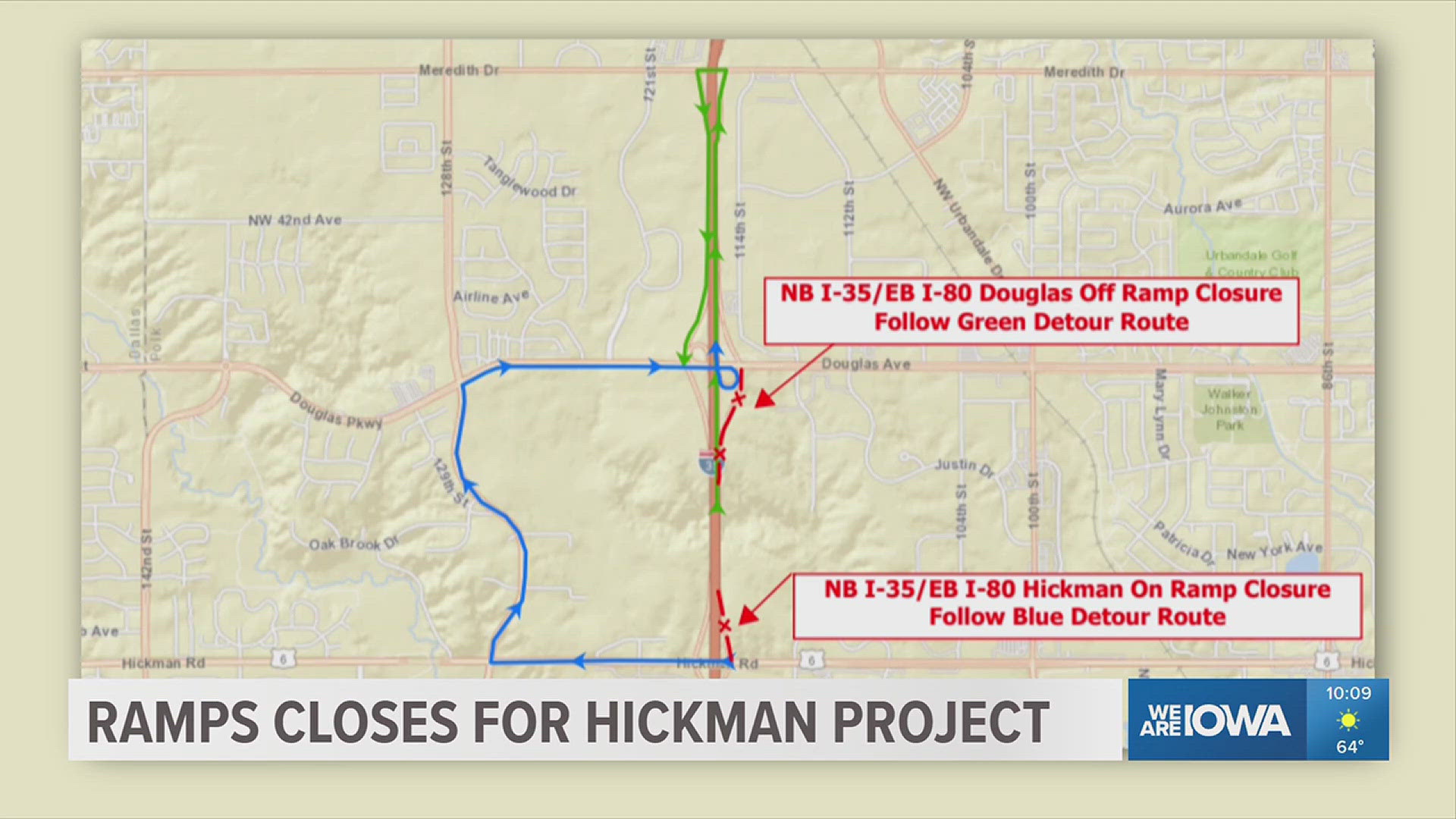 The ramp is closed because of a construction project reshaping the Hickman Road interchange.