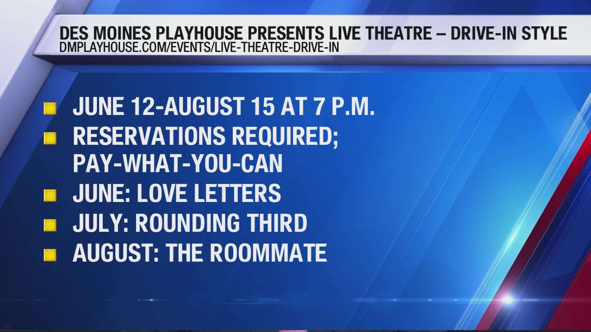 The Des Moines Playhouse is presenting a Live Theatre Drive-in experience to keep theatre live in Des Moines.