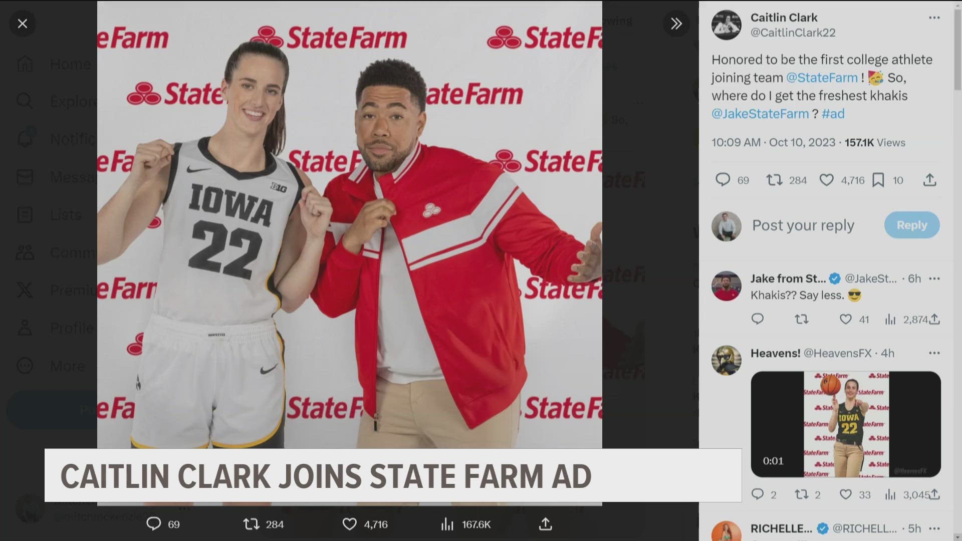 "Honored to be the first college athlete joining team State Farm," Clark posted on X, formerly known as Twitter.