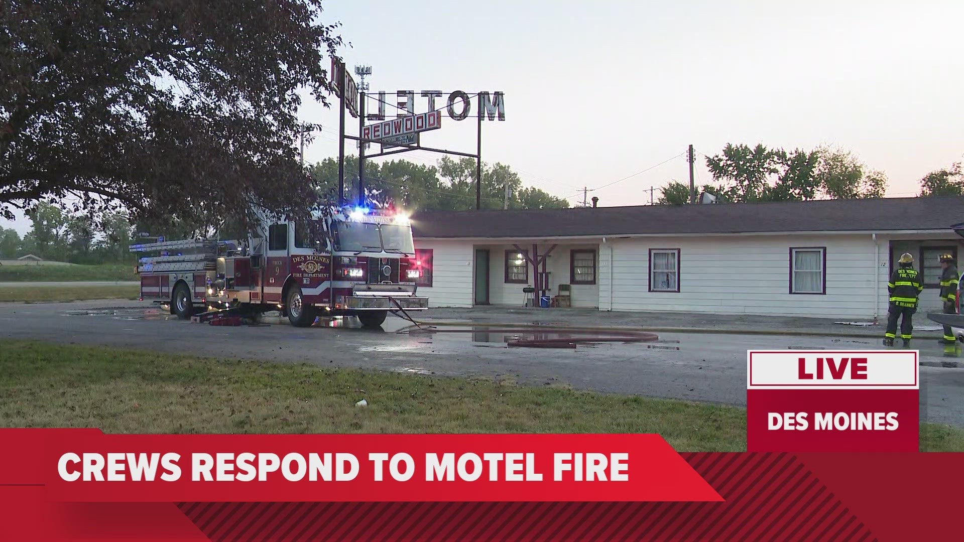 Crews respond to motel fire in Des Moines Tuesday morning.