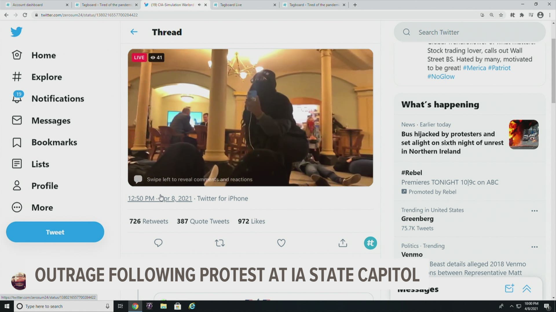 Videos circulating on social media show Josie Mulvihill, 18, being pulled to the ground and arrested by an Iowa State Trooper inside the Capitol.