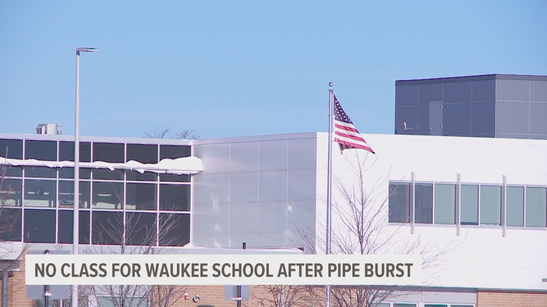A water pipe broke overnight, according to the Waukee Community School District.