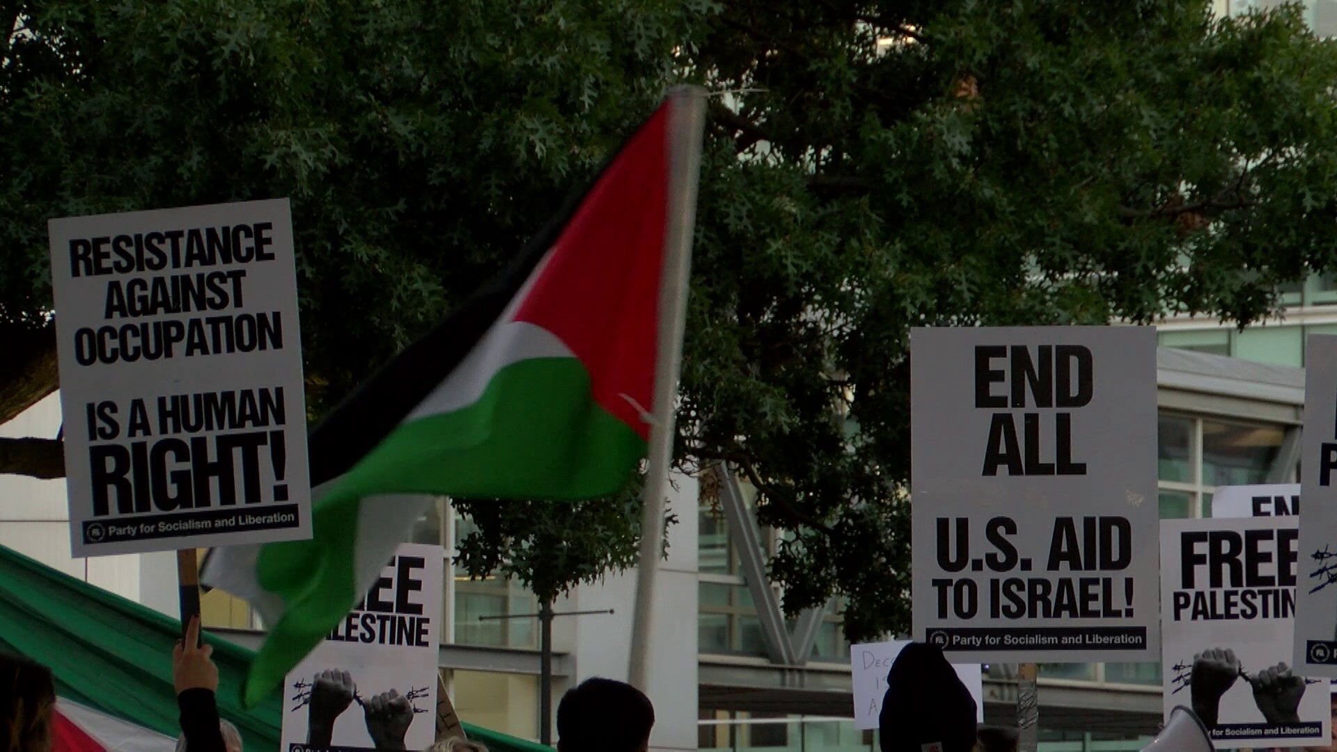 Over 100 people showed up for the "Free Palestine Emergency Demonstration." They demanded peace and termination of U.S. government support for Israel.