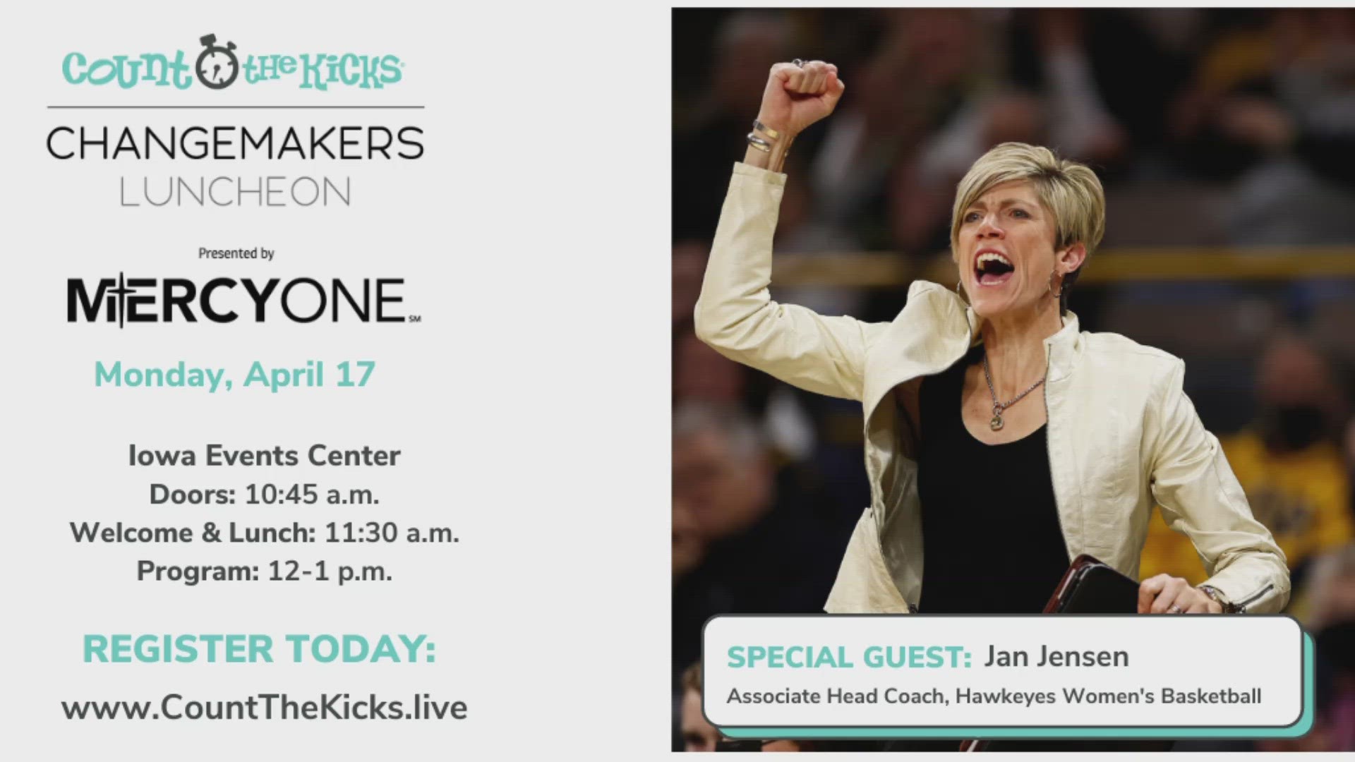 Jan Jensen, associate head coach of the Iowa women's basketball team, will keynote a Count the Kicks luncheon on Monday, April 17.