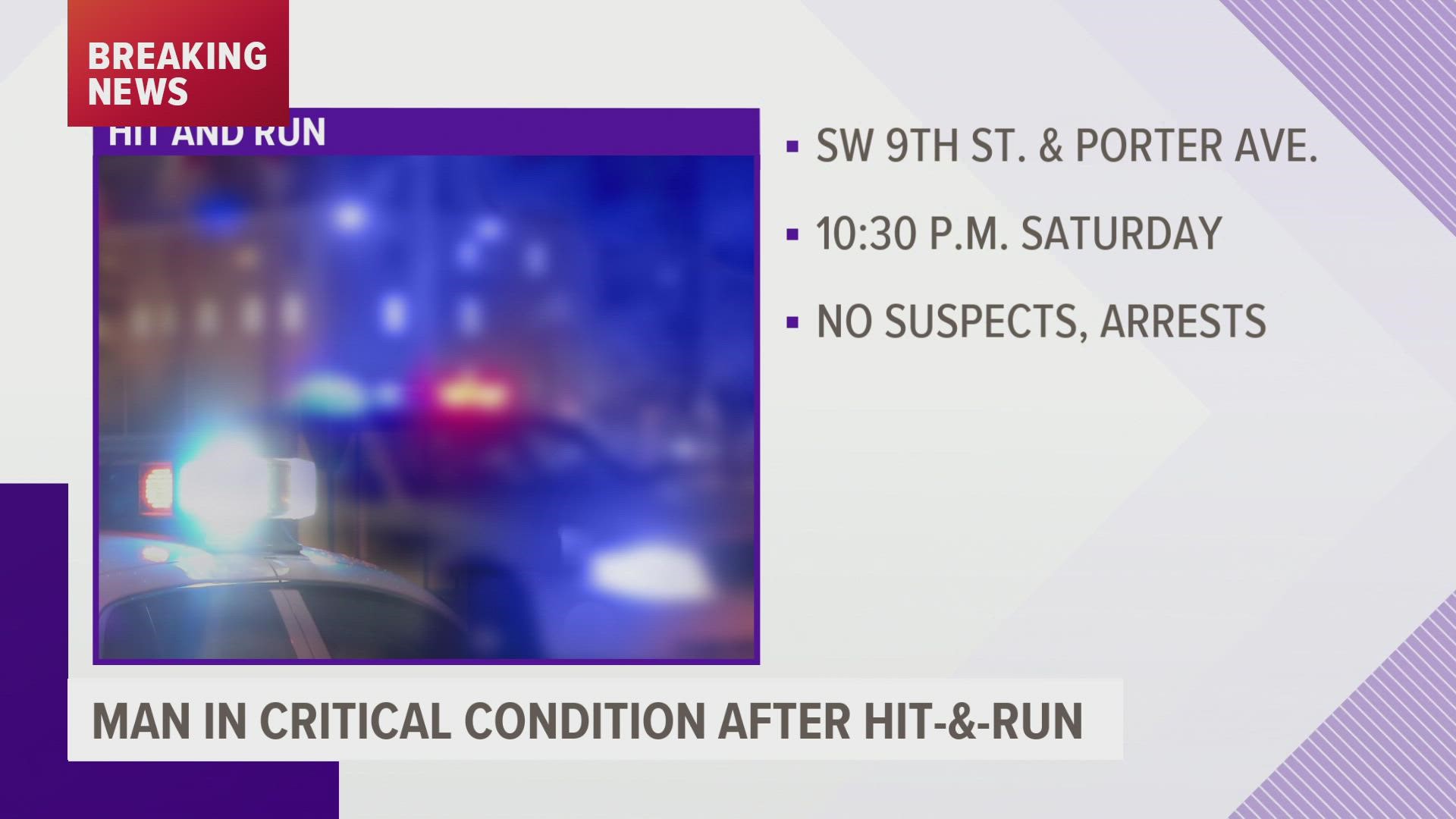 A 35-year-old man is in critical condition after a hit-and-run near Southwest 9th Street and Porter Avenue.