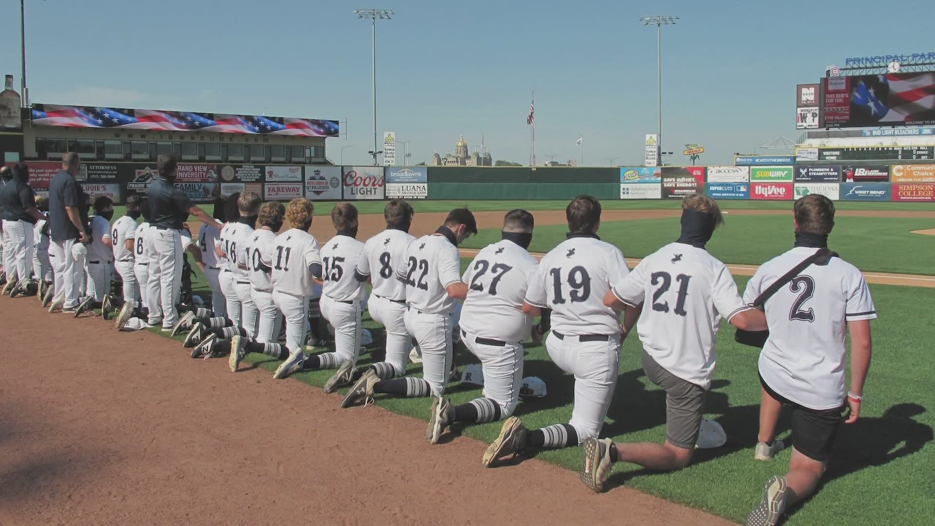 The Roosevelt Baseball team opened their season at Principal Park with a doubleheader against Centennial. The team chose to kneel during the National Anthem.