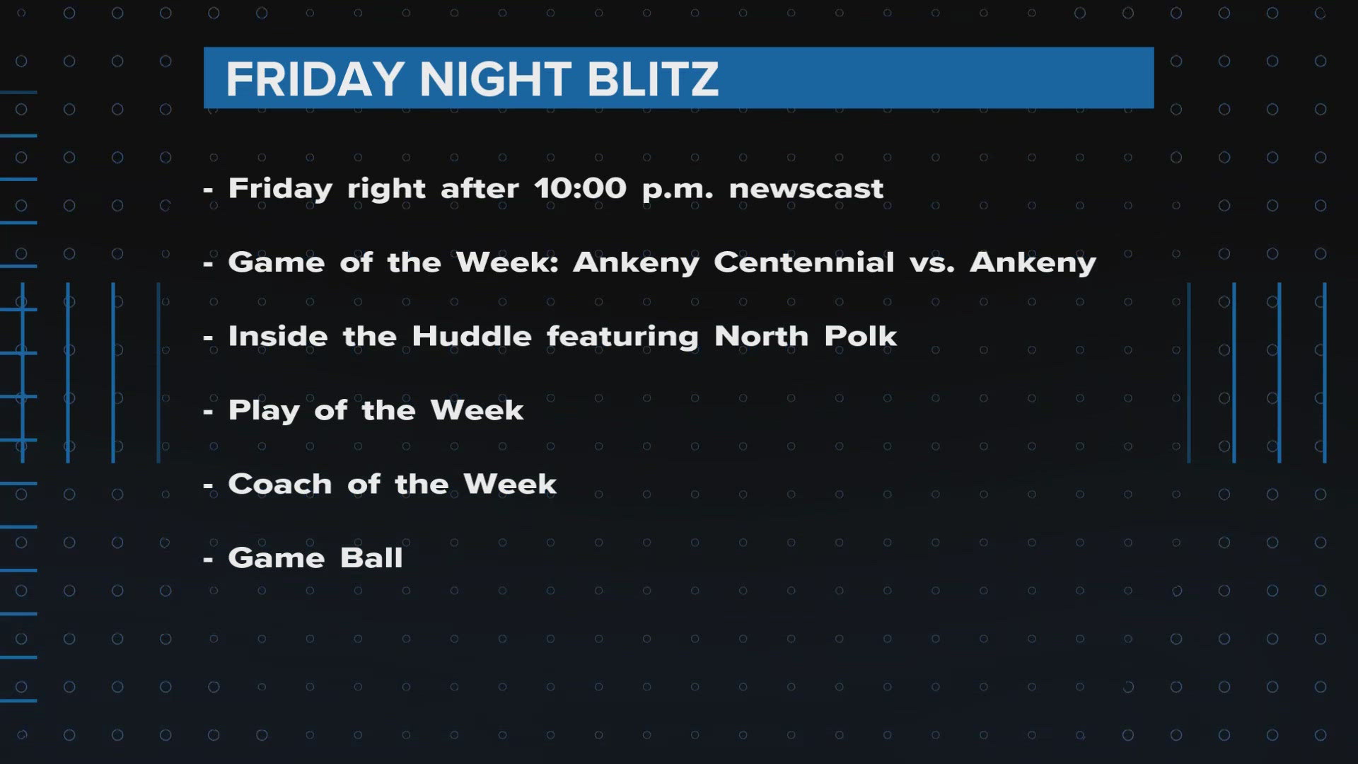 The first "Friday Night Blitz" show of the season will air Friday after the 10 p.m. newscast.