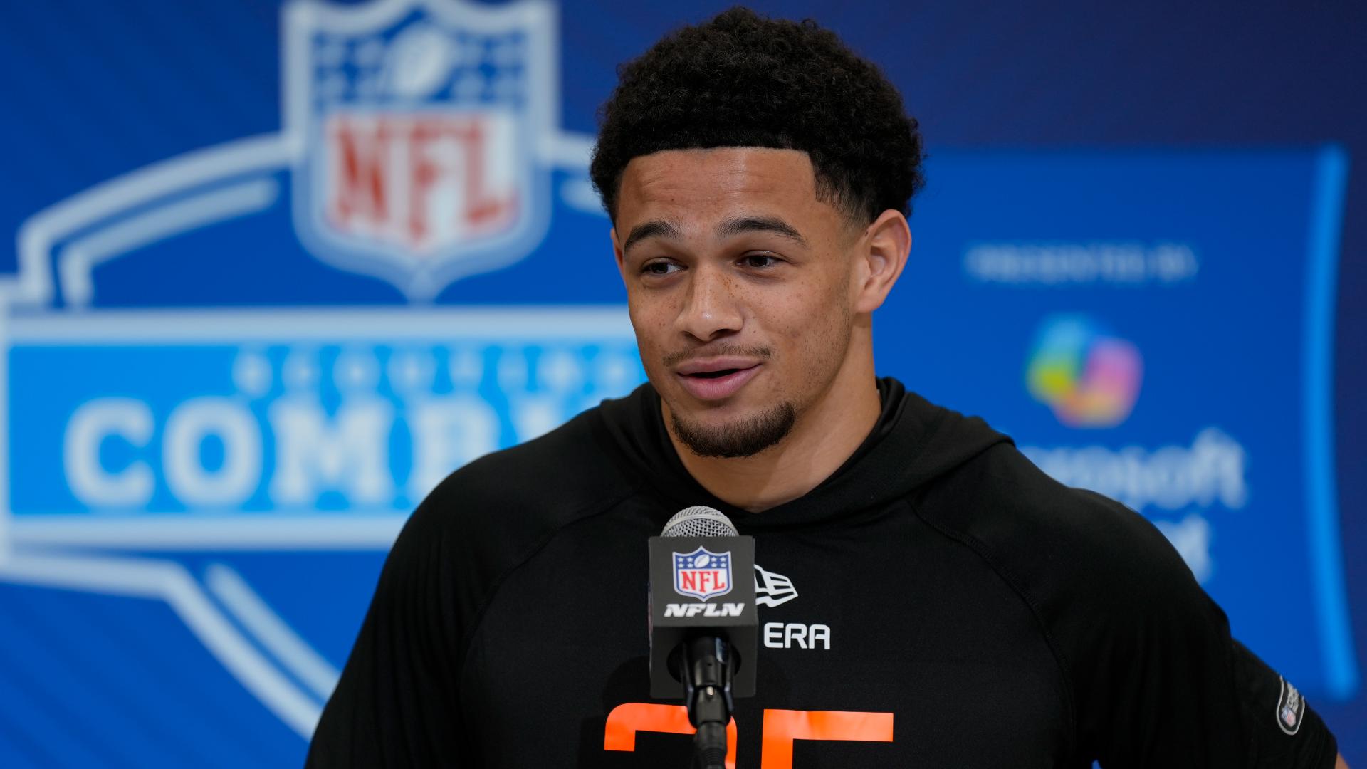 Iowa State wide receiver Jaylin Noel speaks at the 2025 NFL Scouting Combine in Indianapolis.
