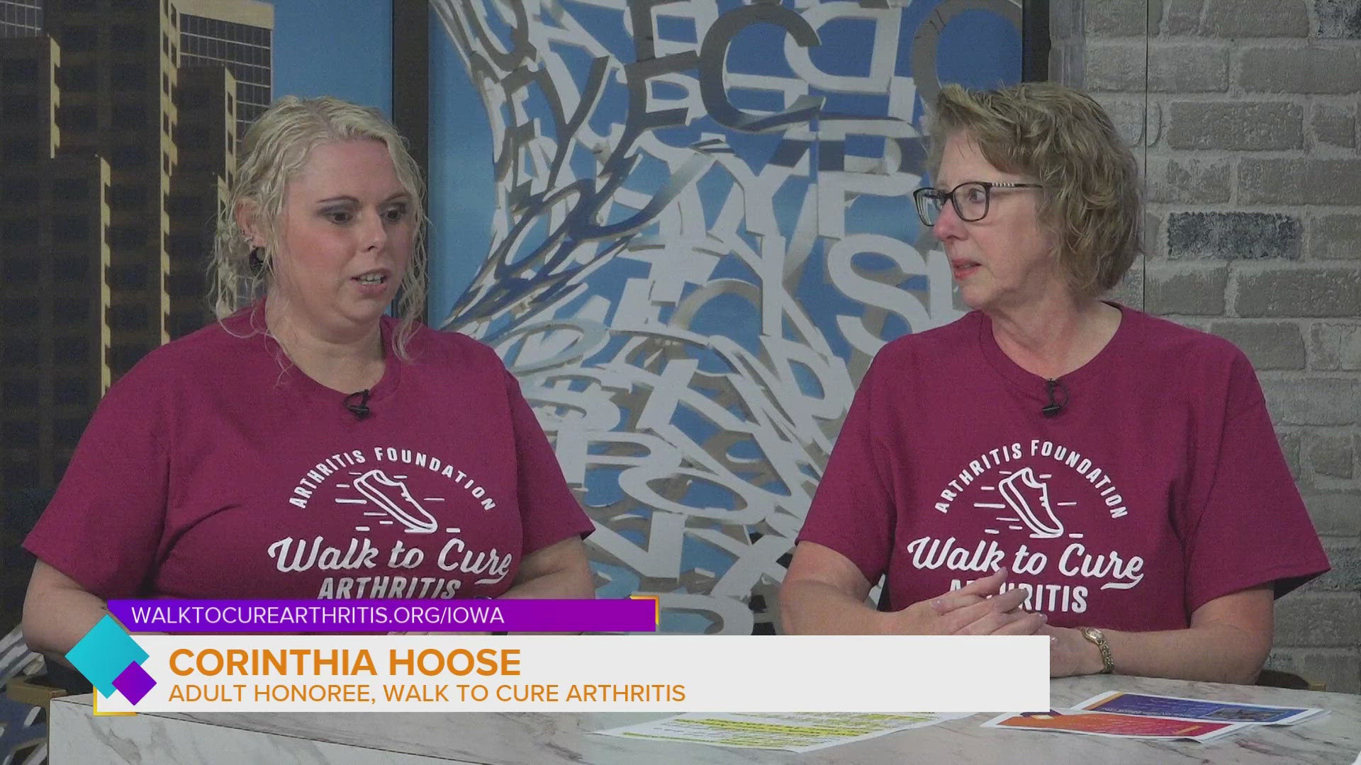 Deb Stearns, Iowa 2024 Walk to Cure Arthritis Chair and 
Corinthia Hoose, 2024 WTCA Adult Honoree, talk about upcoming event September 14th at Principal Park.