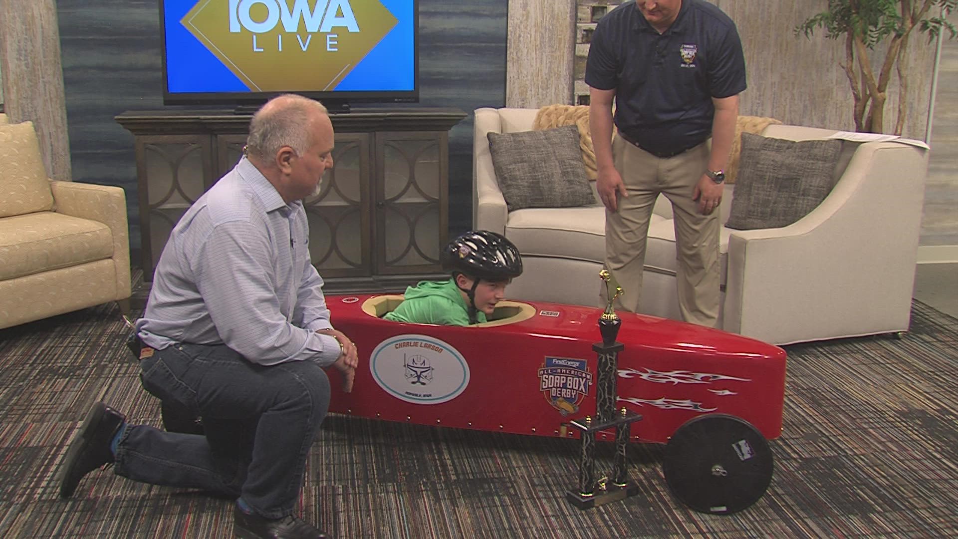 8 yr old Charlie Larson, 2021 GDM Soapbox Derby Assoc. Stock Champion visits studio w/ his car! Adam Larson (Dad) says Rookie Day is THIS SATURDAY-Kids 7+ can race!