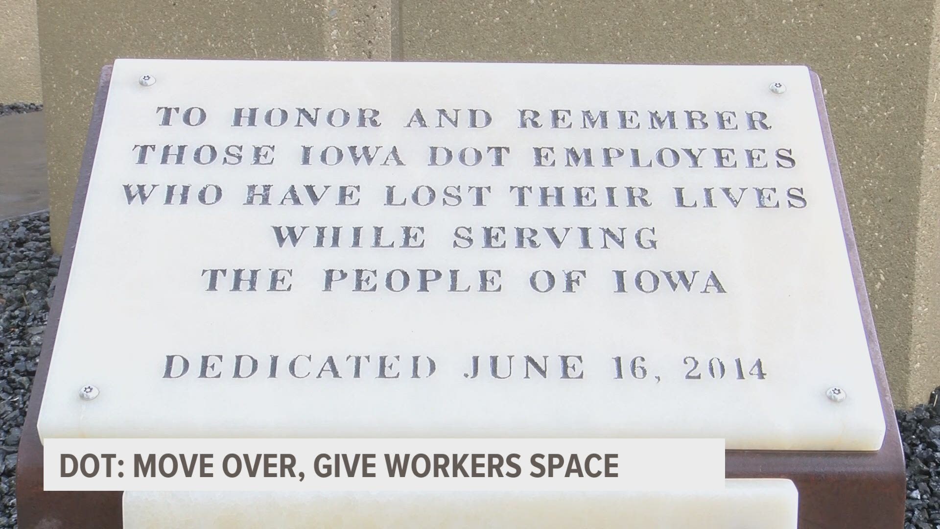 A memorial for DOT workers who have died on the job stands in Ames at the DOT headquarters. A total of 42 names are displayed.
