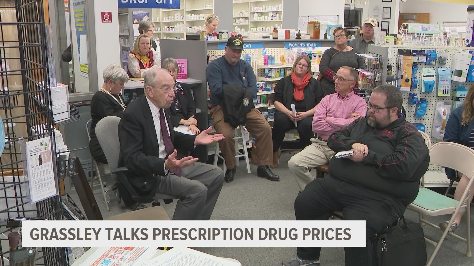 Grassley talked about bipartisan bills he is supporting to help lower insulin and prescription drug prices at Sumpter Pharmacy in Adel.