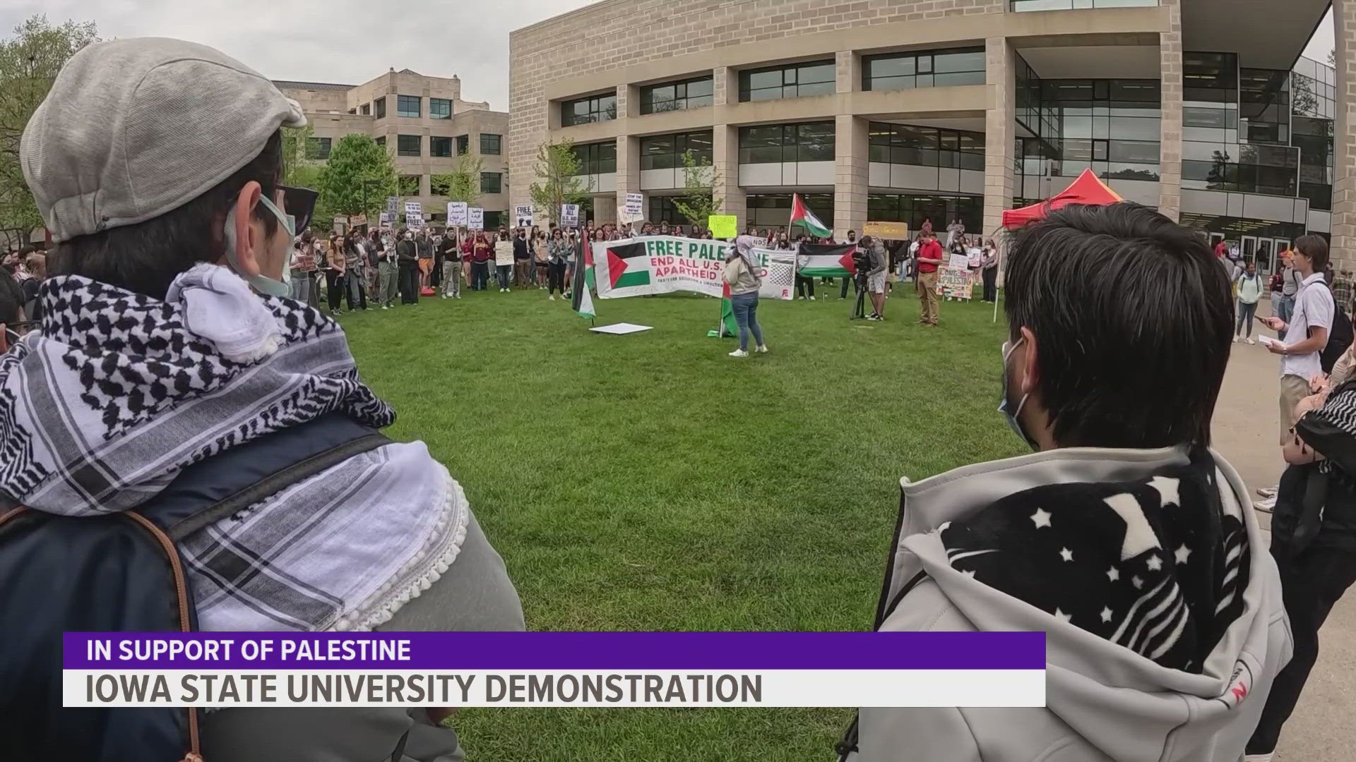 Students and alumni gathered outside the ISU library Wednesday to protest the United State's connections to Israel.