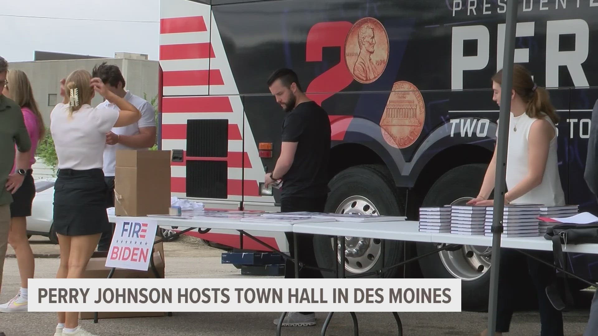 Republican candidate Perry Johnson is in Iowa this evening, hosting his first official town hall in Des Moines since announcing his presidential run.