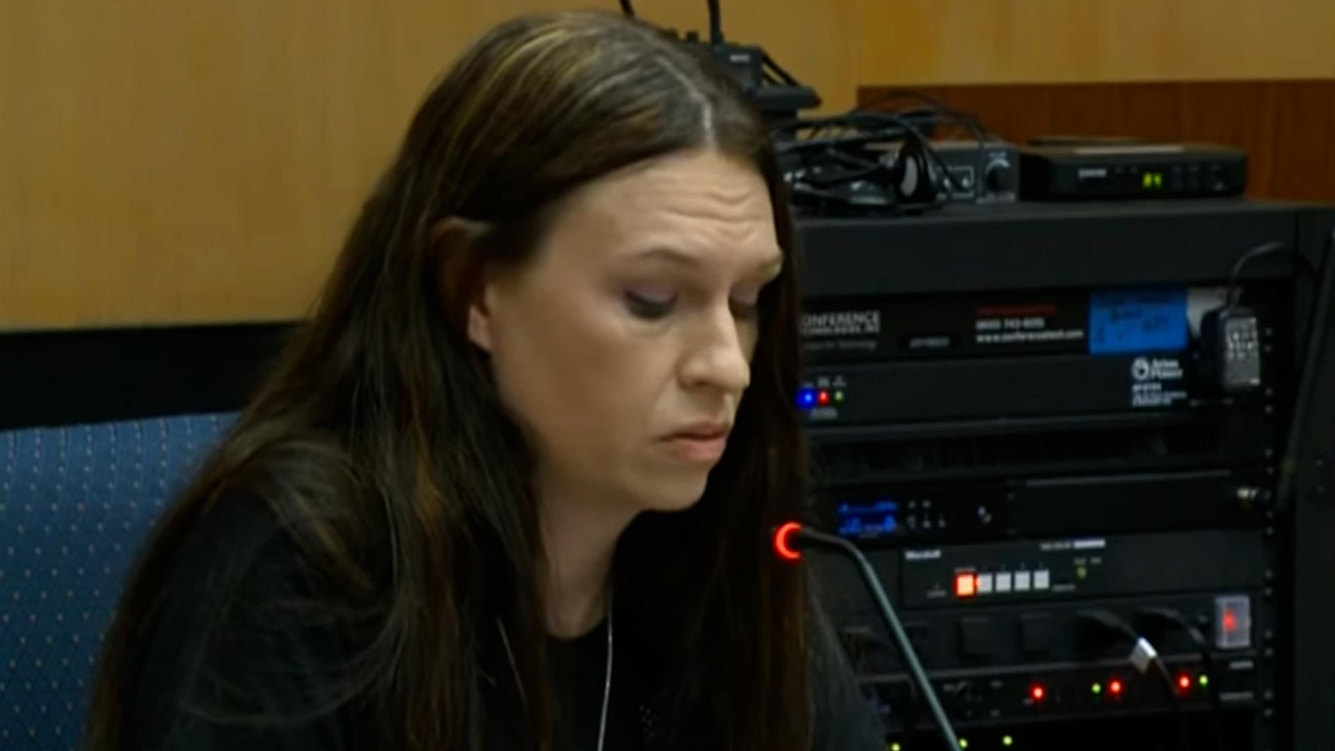 Lara Cram, the widow of Ofc. Kevin Cram of the Algona Polic Department, gives a victim impact statement at the murder sentencing of Kevin Cram.