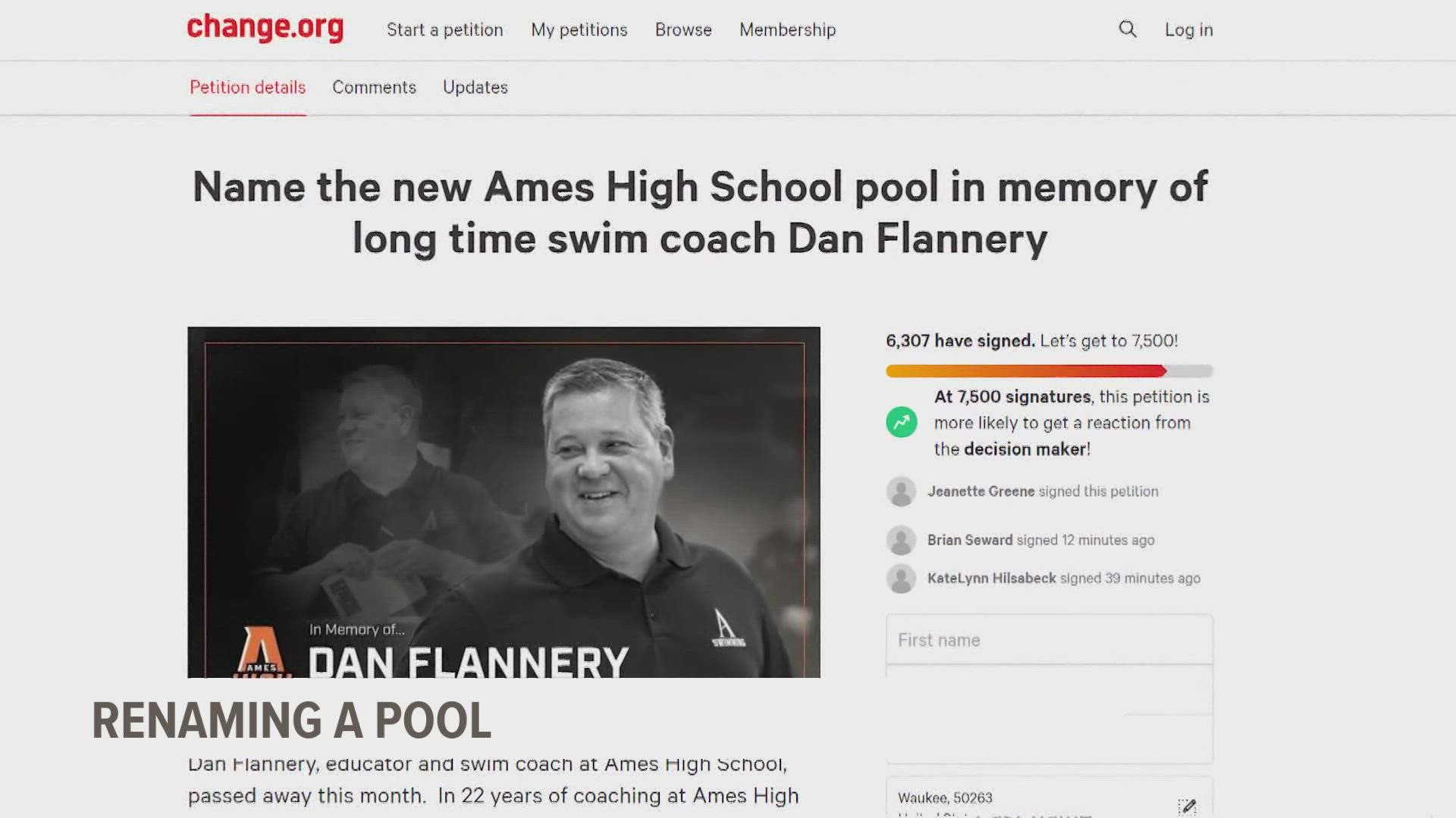 Swim alumni at Ames High School are working to get their favorite teacher's name place on the new school's building.