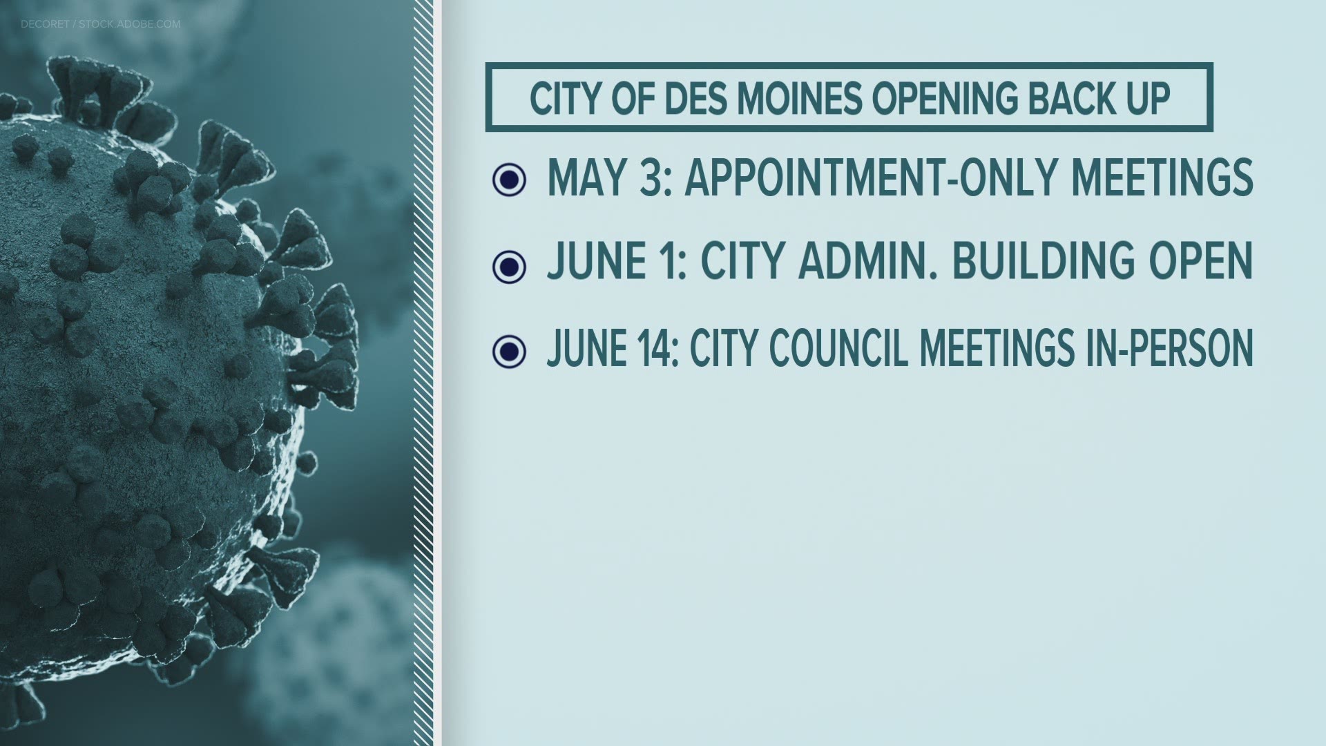 The city will allow the public to meet with staff on an appointment-only basis starting May 3.