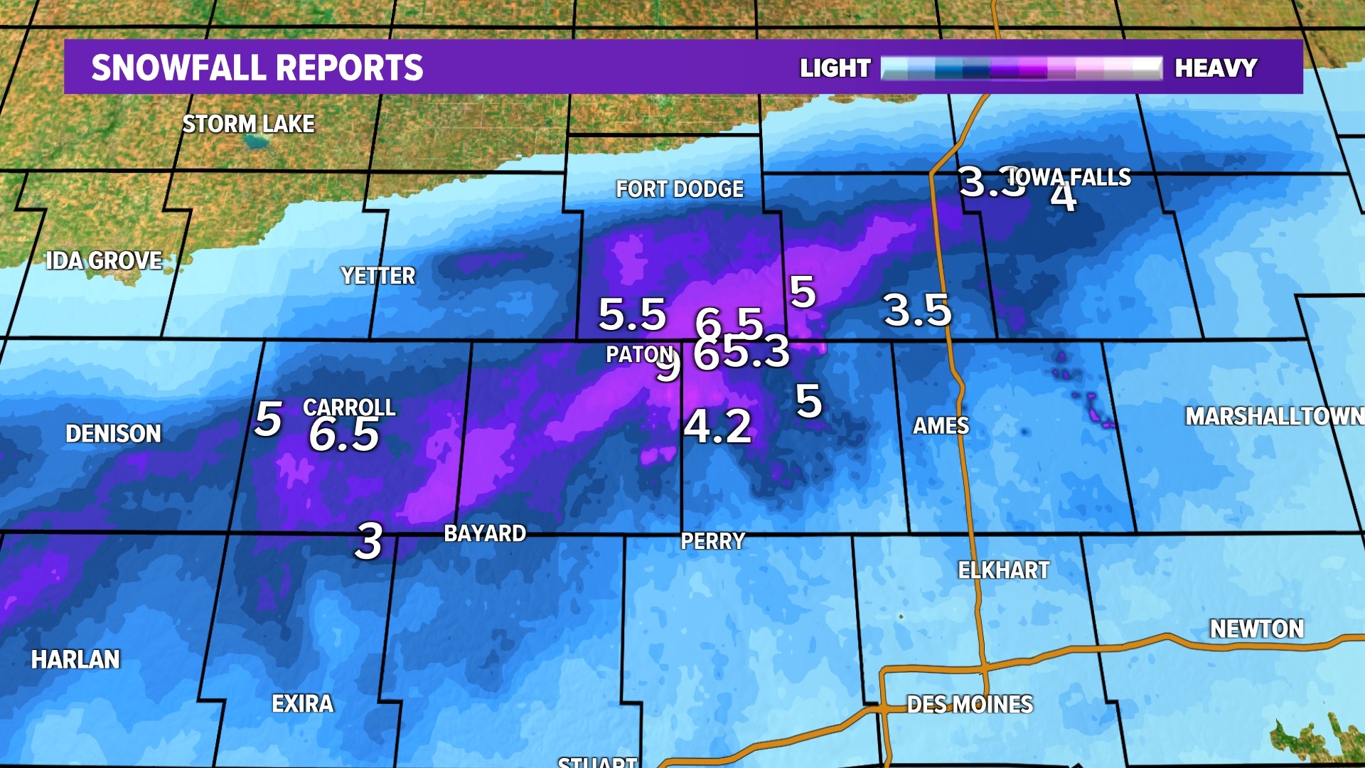 Thursday snow totals Paton, Dayton, Carroll, Gowrie, Pilot Mound