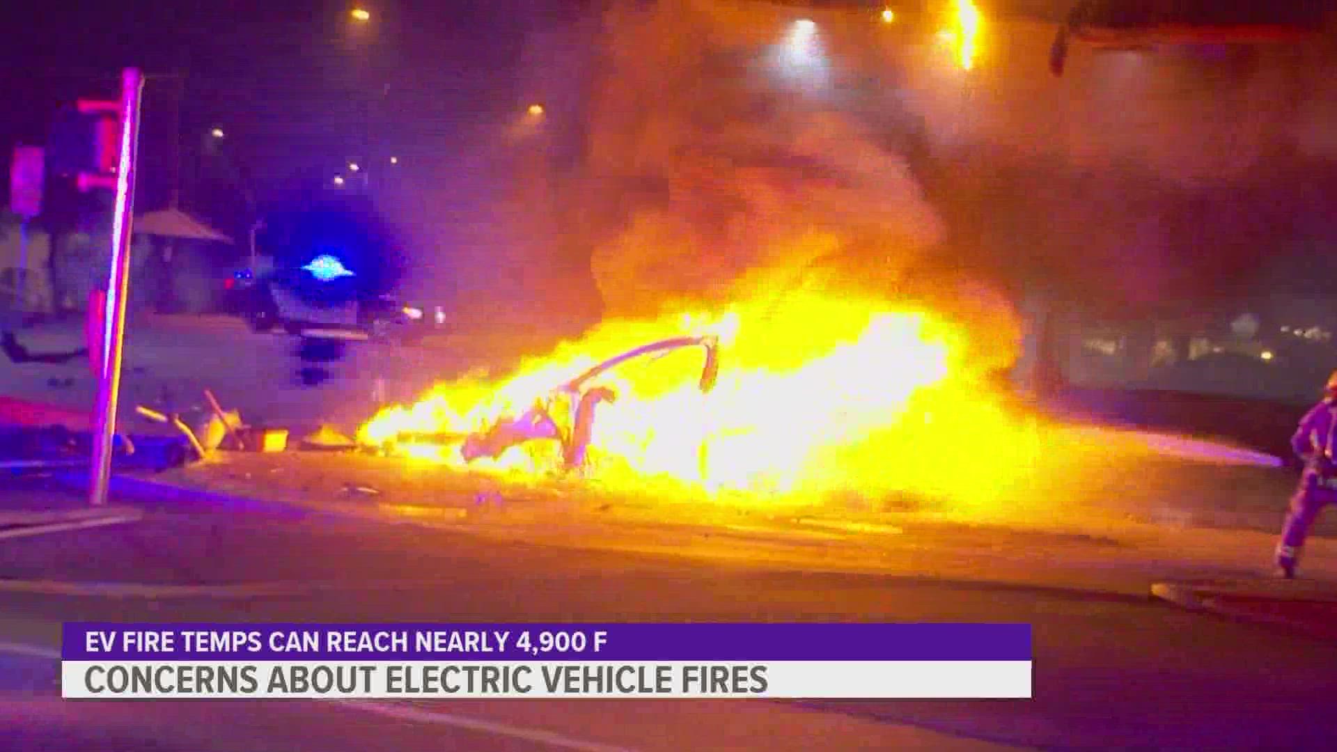 An electric vehicle can burn at temperatures of nearly 4,900 degrees F.