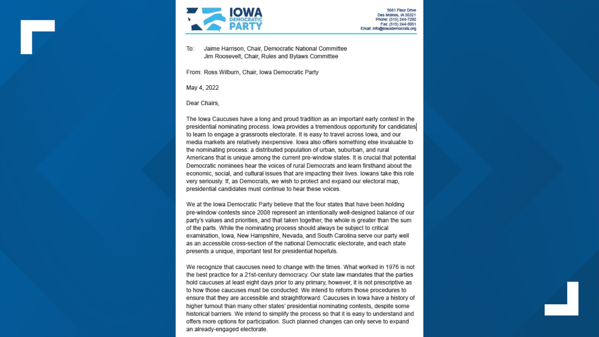Wednesday's letter begins the formal process of Iowa Democrats' fight to remain first in the nation.
