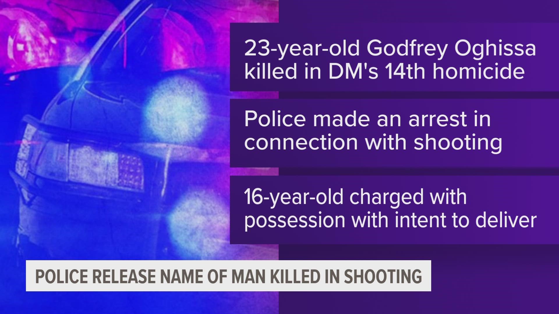 A male victim, identified as 23-year-old Godfrey Oghissa of Des Moines, was taken to the hospital in critical condition. He later died of his injury.