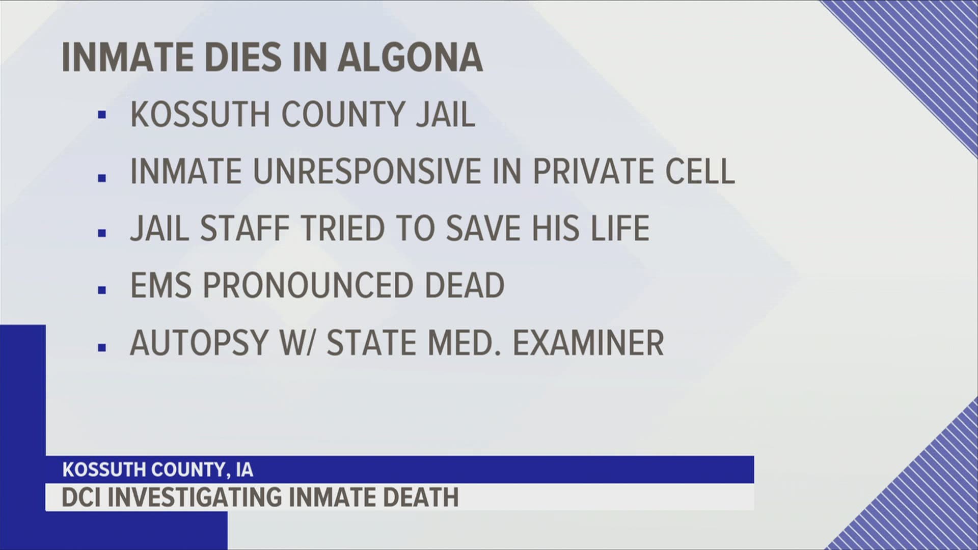 The inmate was found unresponsive in his cell, and was pronounced dead when EMS arrived.