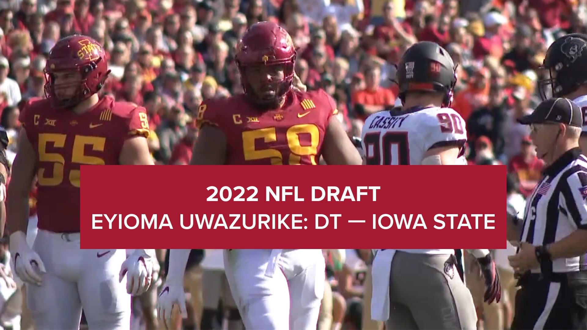 2021 marked Eyioma Uwazurike's strongest year in the cardinal and gold: 42 total tackles, nine sacks and named First Team All-Big 12 by the conference's coaches.