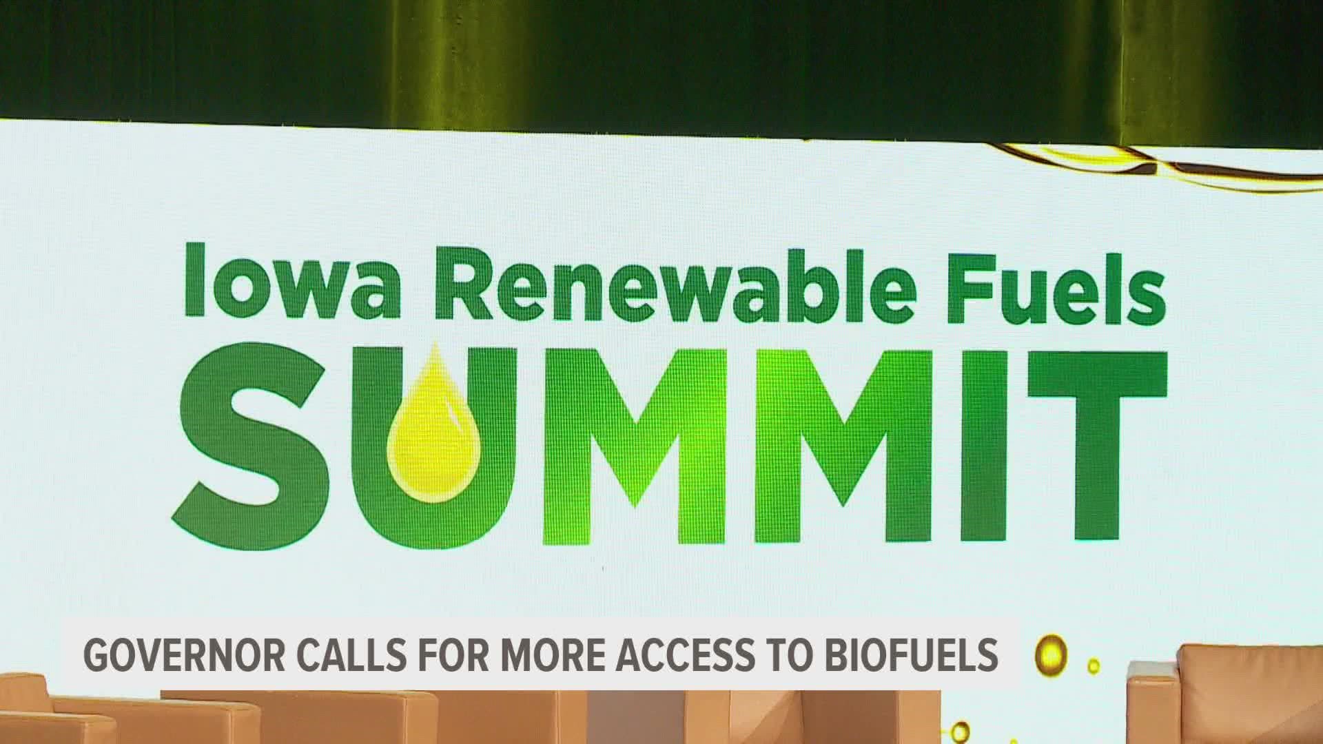 Iowa Gov. Kim Reynolds criticized the Biden administration's approach to biofuels at the Iowa Renewable Fuels Summit Tuesday.