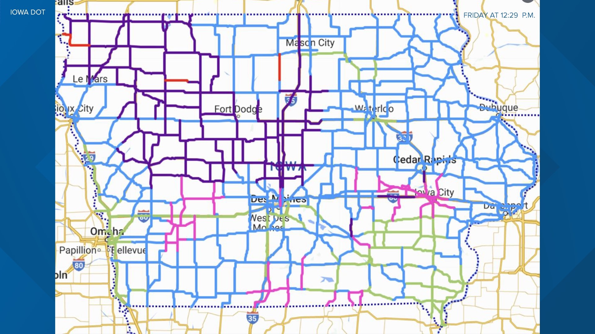 Iowa DOT 511 Road conditions map, travel advisory, road closures